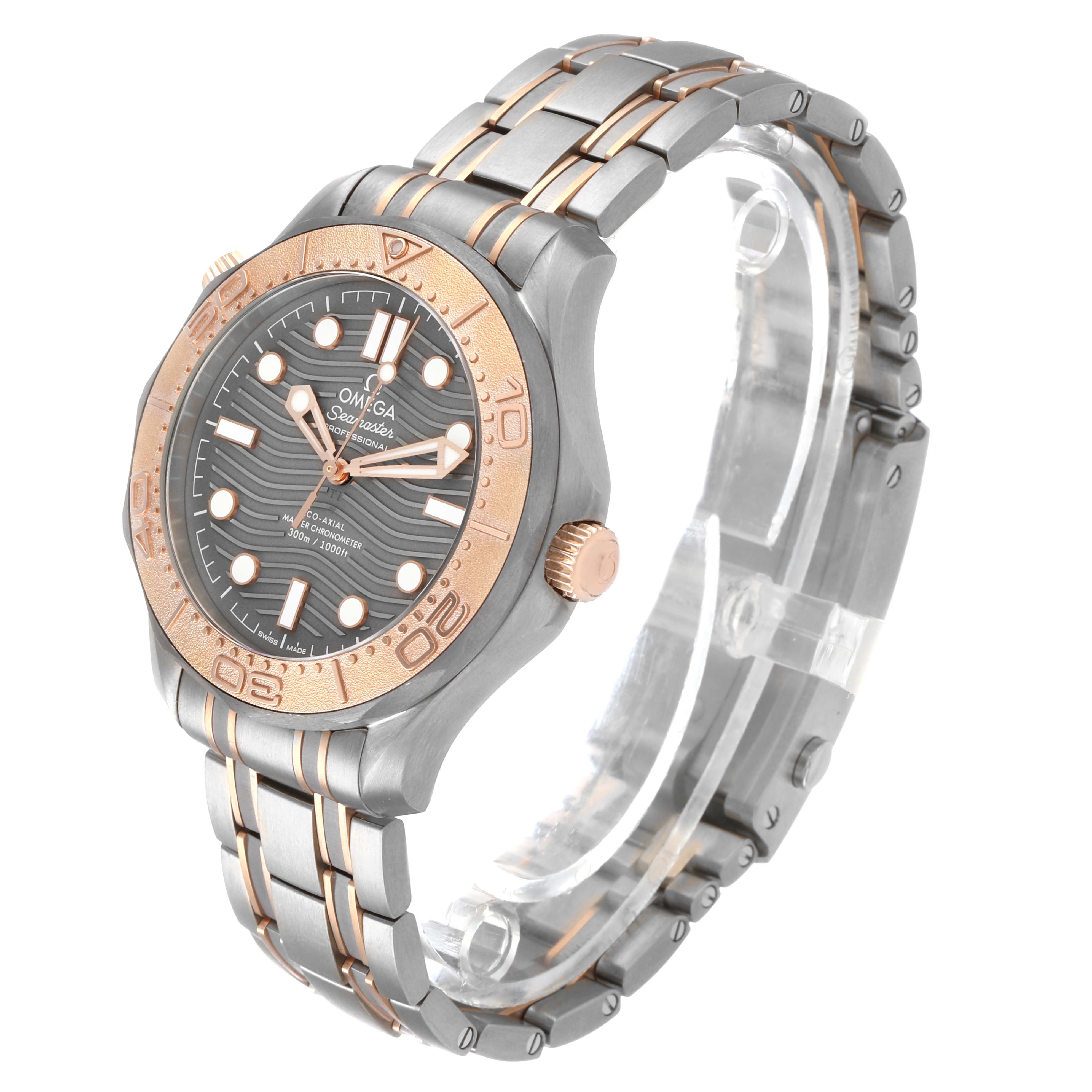 The Omega Seamaster 210.60.42.20.99.001 Men's Titanium Grey Dial watch is shown at a three-quarter angle, highlighting the face, bezel, crown, and bracelet.