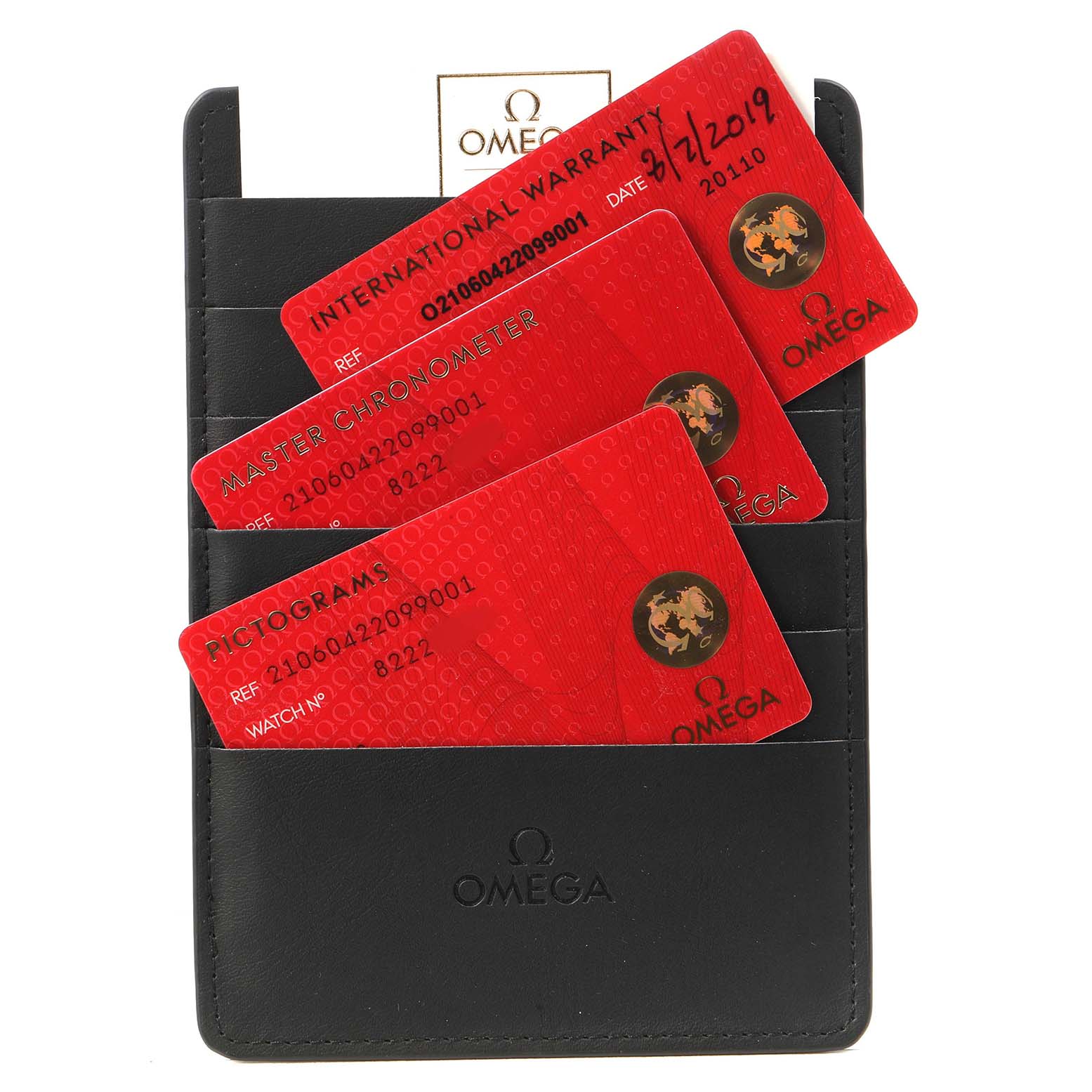 The image shows Omega Seamaster 210.60.42.20.99.001 Men's Titanium Grey Dial cards, including warranty and chronometer cards, in a black cardholder.