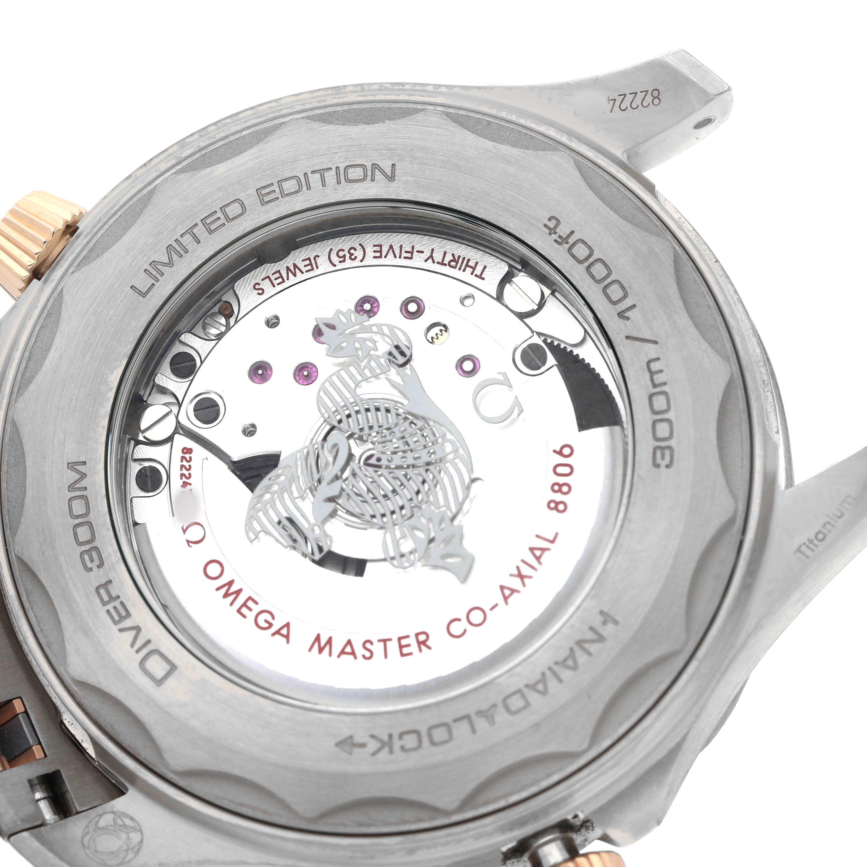 The image shows the transparent case back of an Omega Seamaster 210.60.42.20.99.001 Men's Titanium Grey Dial model, displaying its movement and engravings.