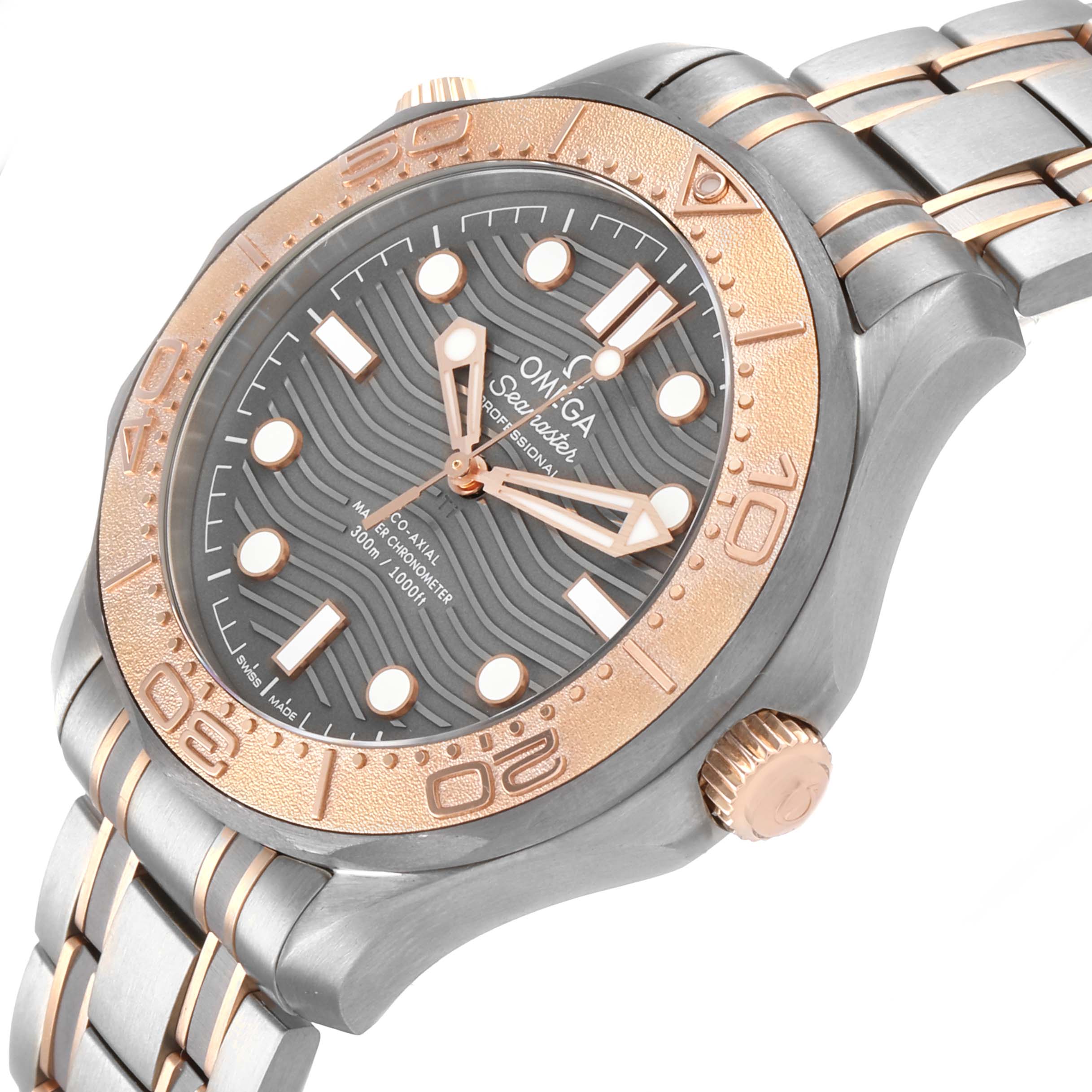 The Omega Seamaster 210.60.42.20.99.001 Men's Titanium Grey Dial watch is shown at a three-quarter angle, highlighting the face, bezel, crown, and bracelet.