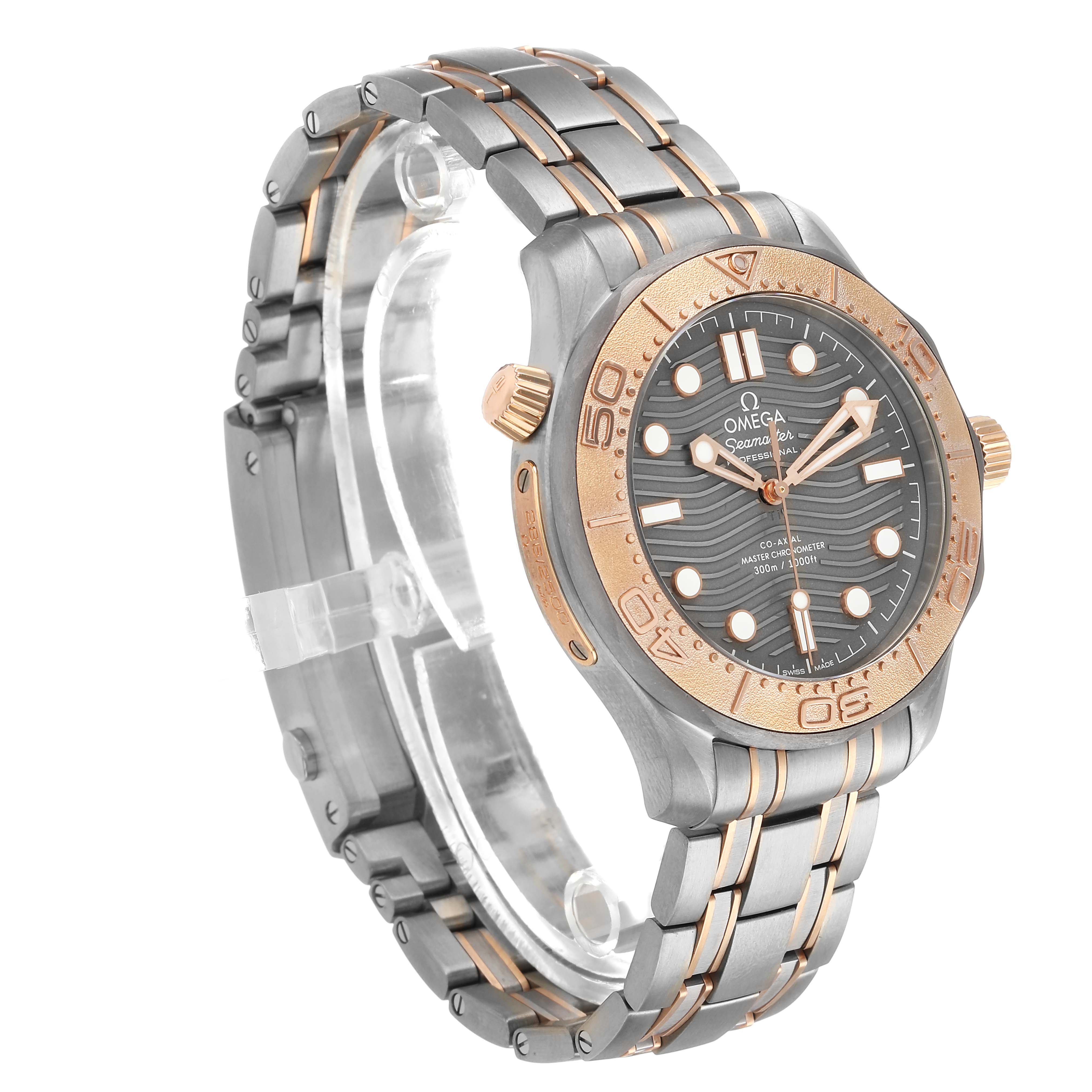 The Omega Seamaster 210.60.42.20.99.001 Men's Titanium Grey Dial watch is shown from a high-angle side view, highlighting the face, bezel, and metal bracelet.