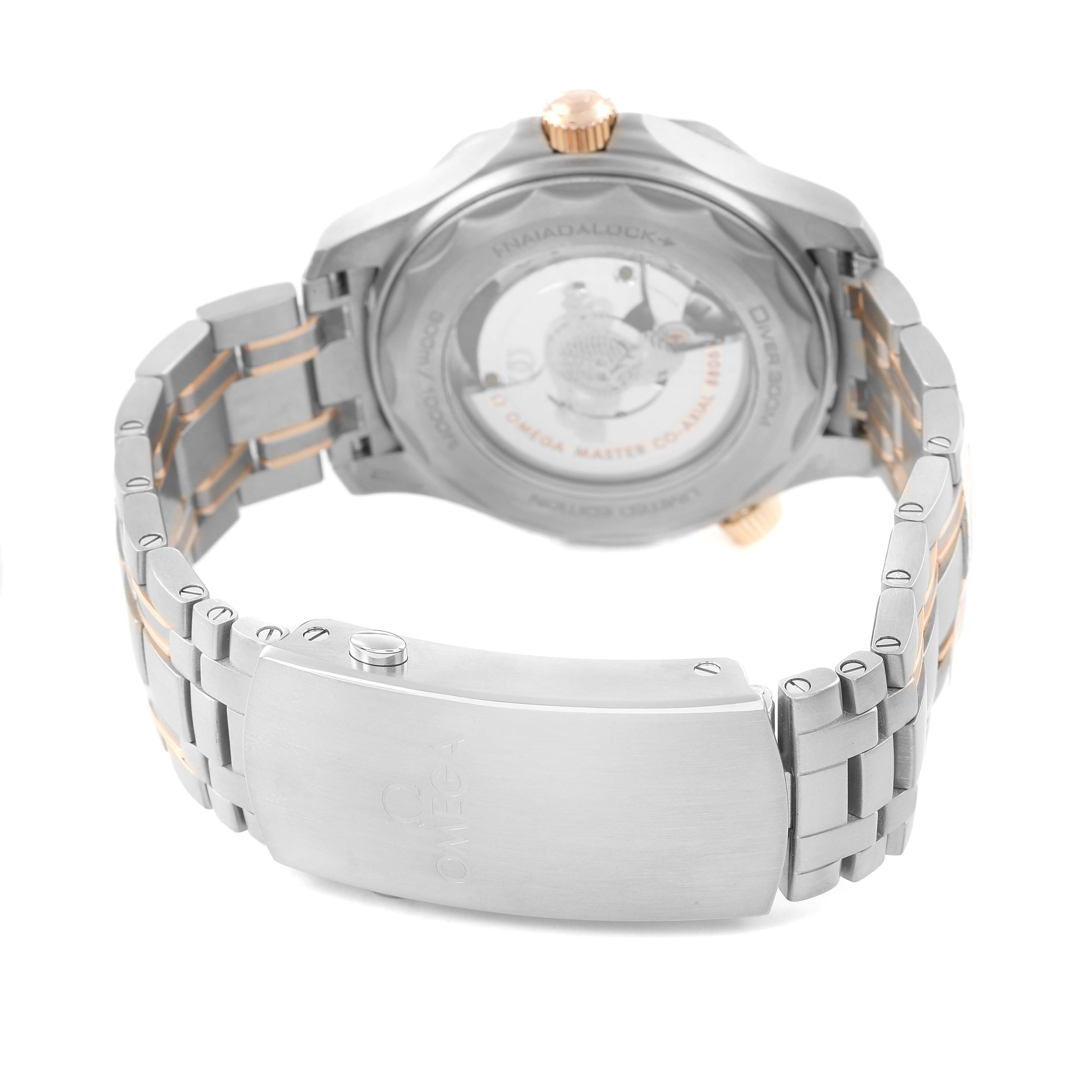 The image shows the back case and bracelet clasp of an Omega Seamaster 210.60.42.20.99.001 Men's Titanium Grey Dial watch.