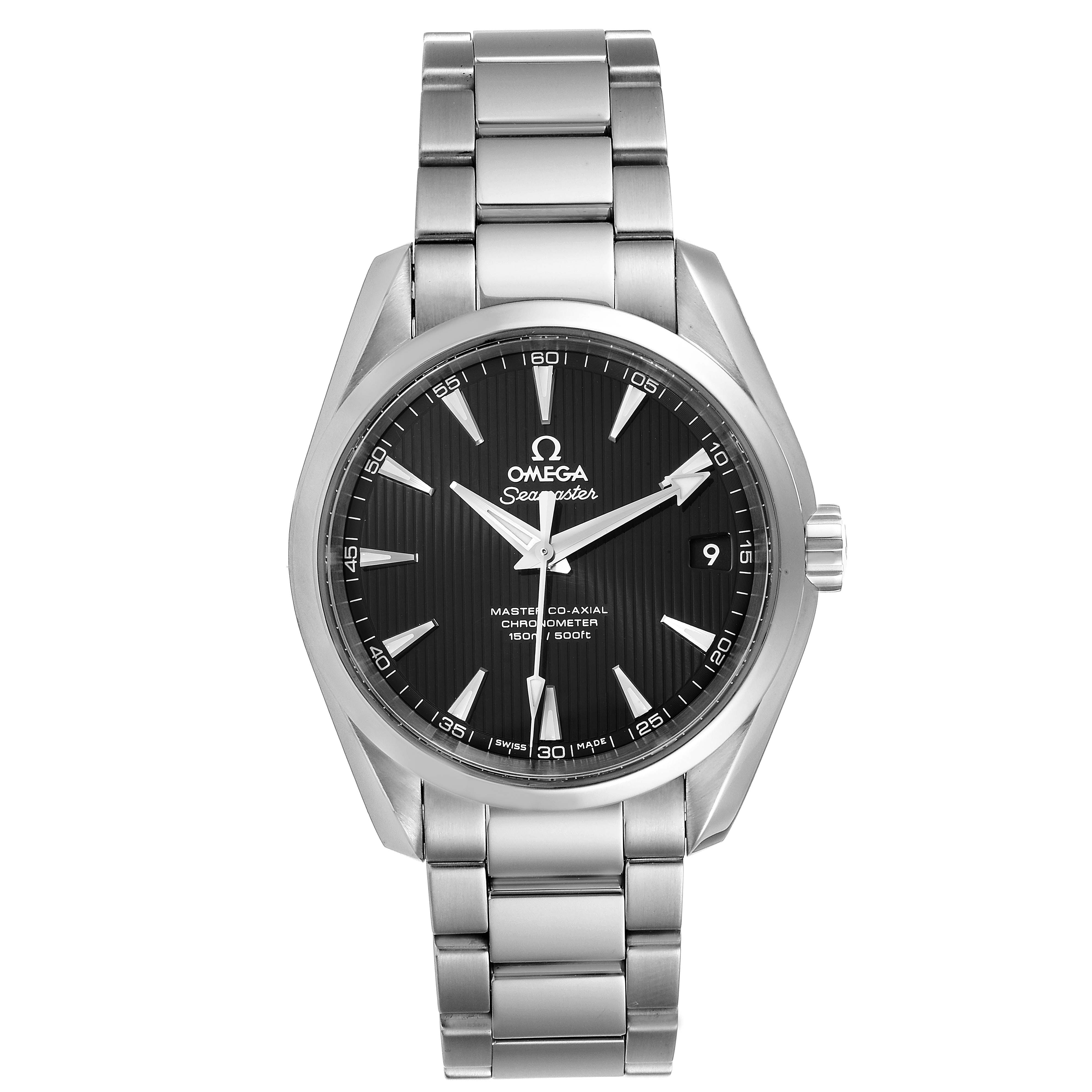 The image shows a front view of the Omega Aqua Terra 231.10.39.21.01.002 Men's Stainless Steel Black Dial 231.10.39.21.01.002 Men's Stainless Steel Black Dial model watch, featuring its face and stainless steel bracelet.