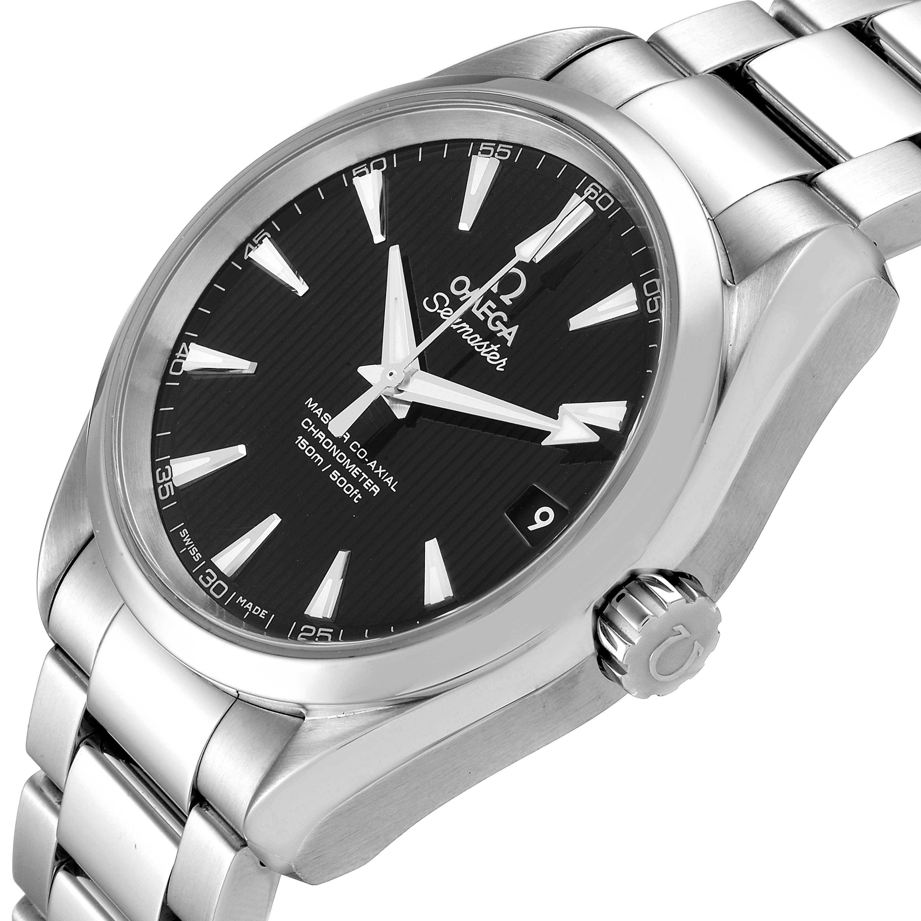 The image shows an angled view of an Omega Aqua Terra 231.10.39.21.01.002 Men's Stainless Steel Black Dial 231.10.39.21.01.002 Men's Stainless Steel Black Dial watch focusing on the face, bezel, and bracelet.