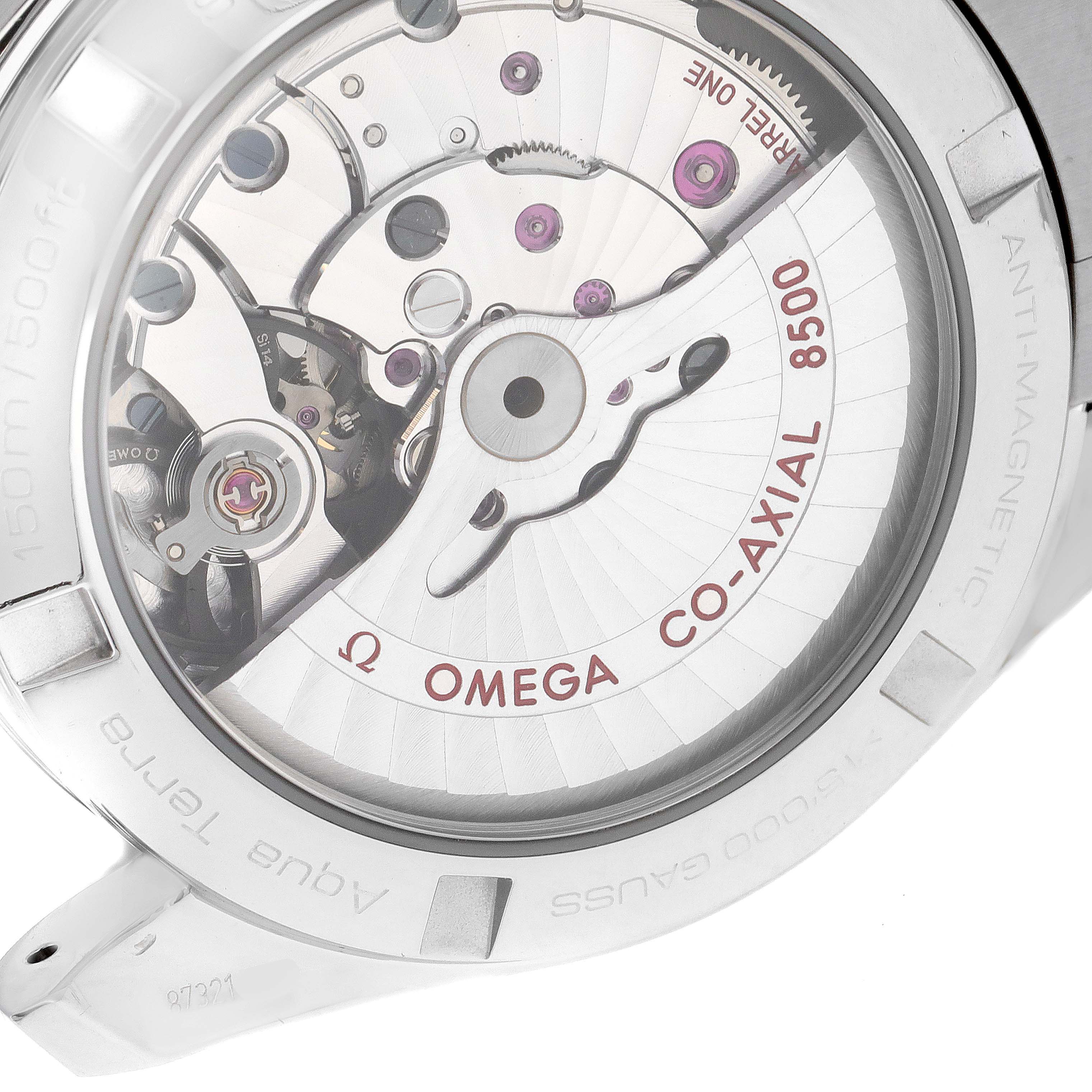 This image shows the back view of the Omega Aqua Terra 231.10.39.21.01.002 Men's Stainless Steel Black Dial 231.10.39.21.01.002 Men's Stainless Steel Black Dial watch, highlighting its Co-Axial 8500 movement mechanism.