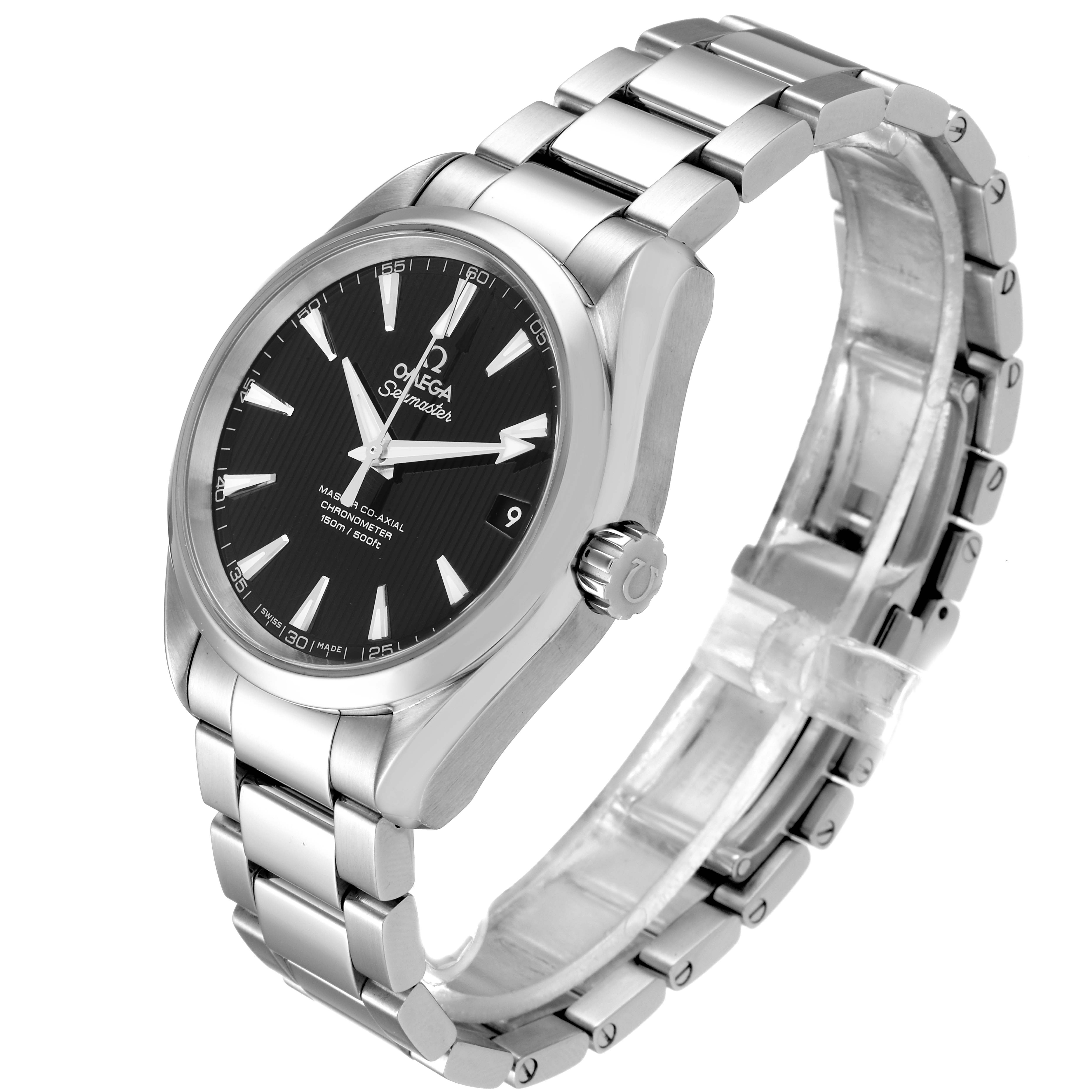 The Omega Aqua Terra 231.10.39.21.01.002 Men's Stainless Steel Black Dial 231.10.39.21.01.002 Men's Stainless Steel Black Dial watch is shown at a three-quarter angle, displaying the face, bezel, crown, and bracelet clearly.