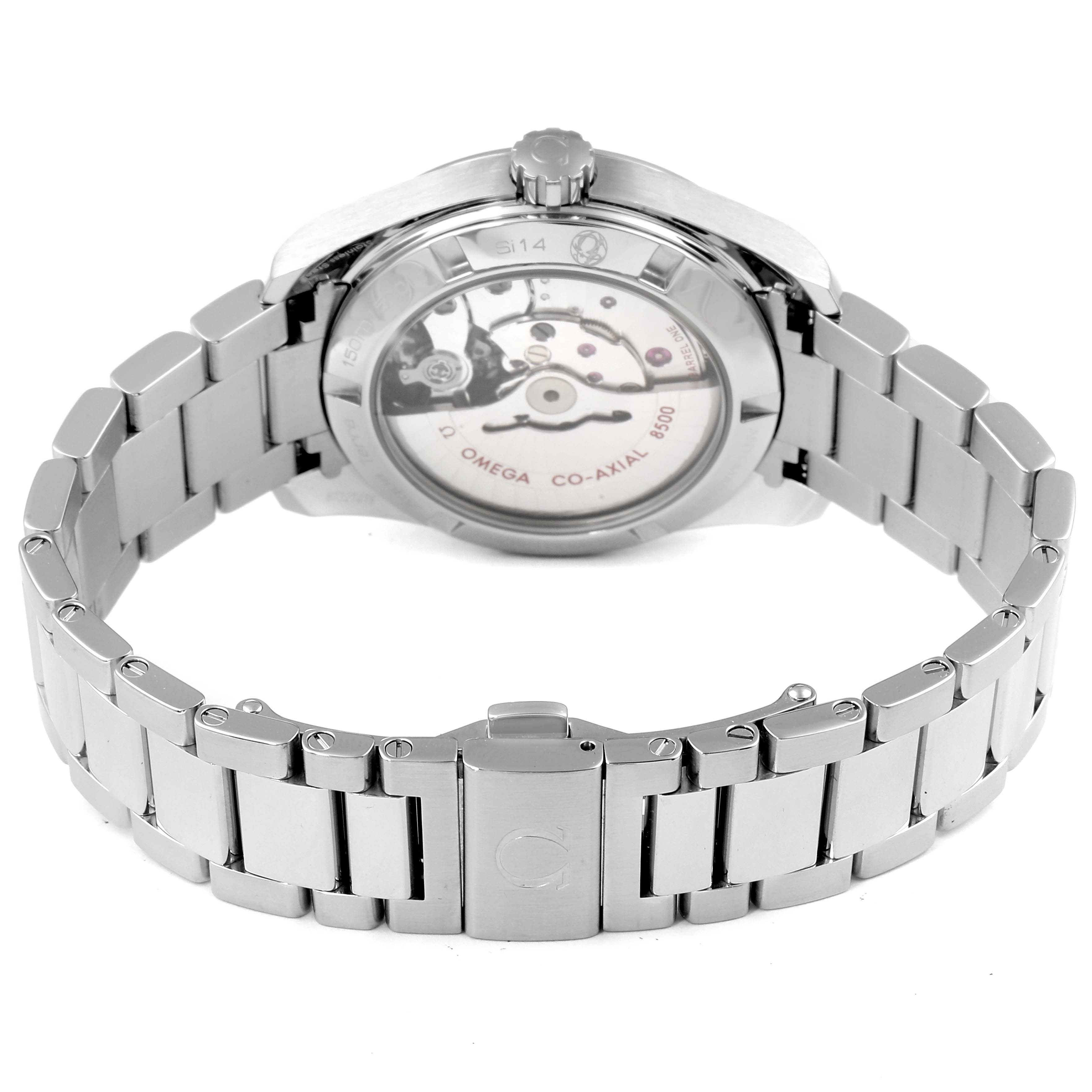 The image shows the back view of an Omega Aqua Terra 231.10.39.21.01.002 Men's Stainless Steel Black Dial 231.10.39.21.01.002 Men's Stainless Steel Black Dial watch, highlighting its open case back, mechanism, and bracelet.