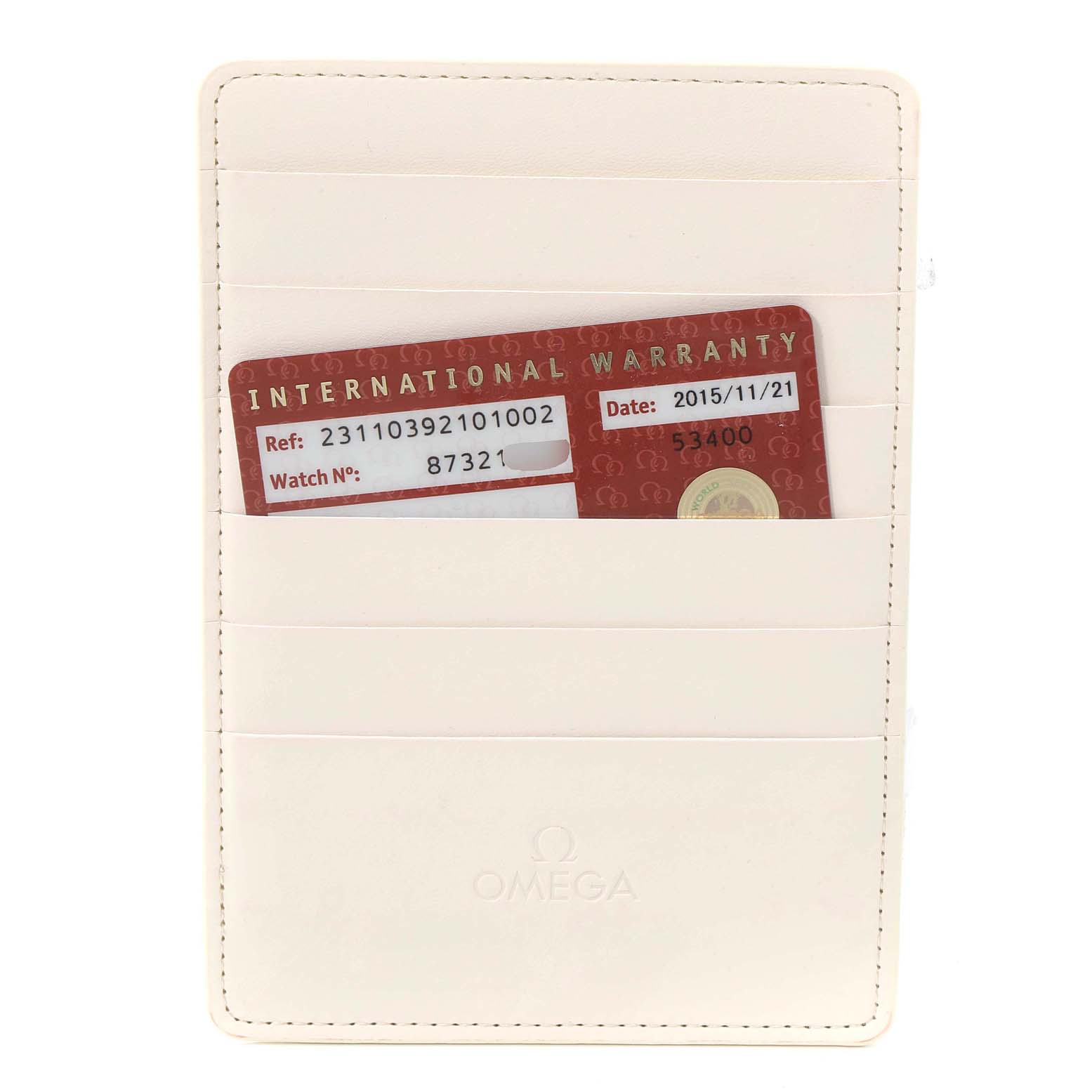 The image shows the warranty card for the Omega Aqua Terra 231.10.39.21.01.002 Men's Stainless Steel Black Dial 231.10.39.21.01.002 Men's Stainless Steel Black Dial model placed in a cardholder.