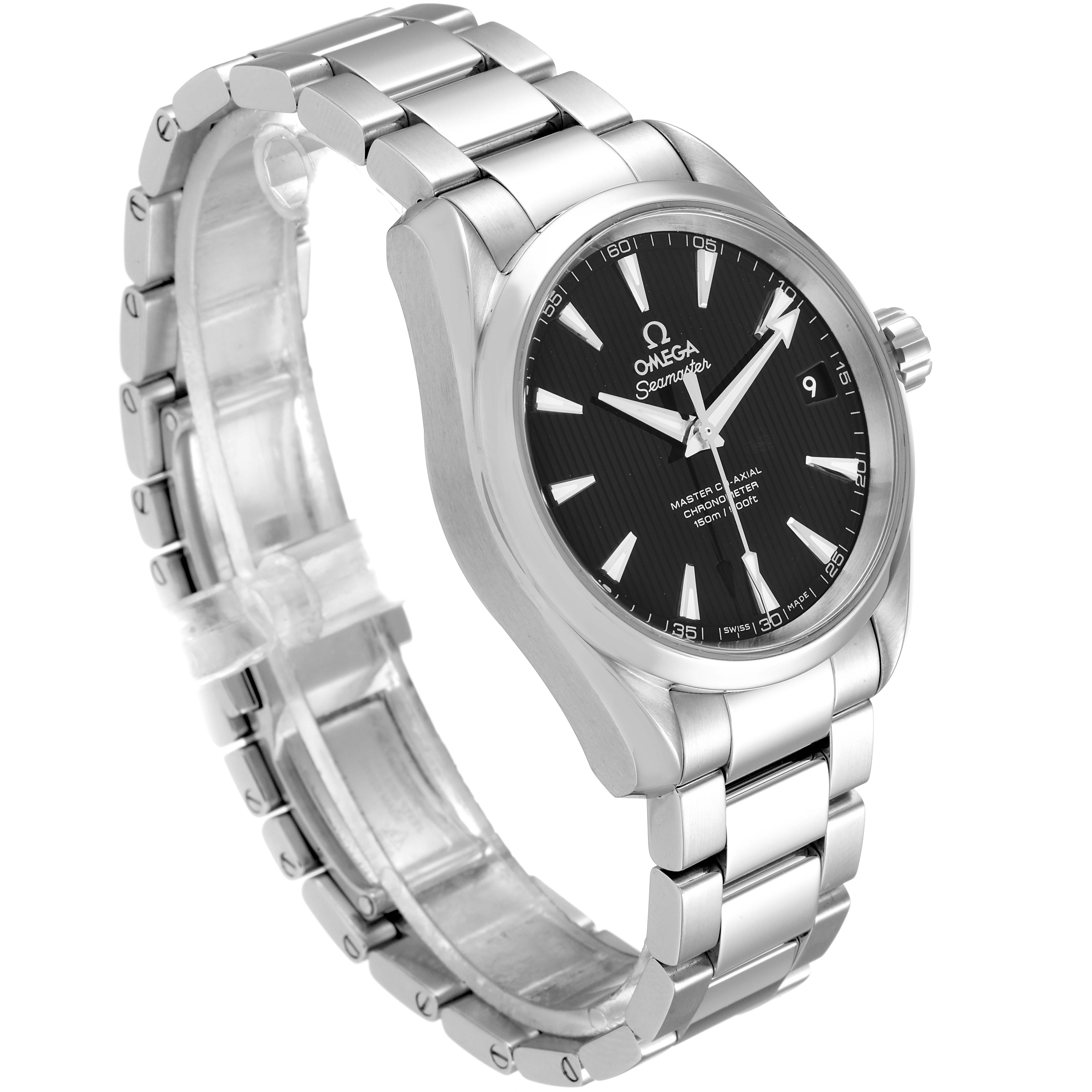 The image shows an Omega Aqua Terra 231.10.39.21.01.002 Men's Stainless Steel Black Dial 231.10.39.21.01.002 Men's Stainless Steel Black Dial watch at a three-quarter angle, highlighting its stainless steel bracelet, black dial, and case.