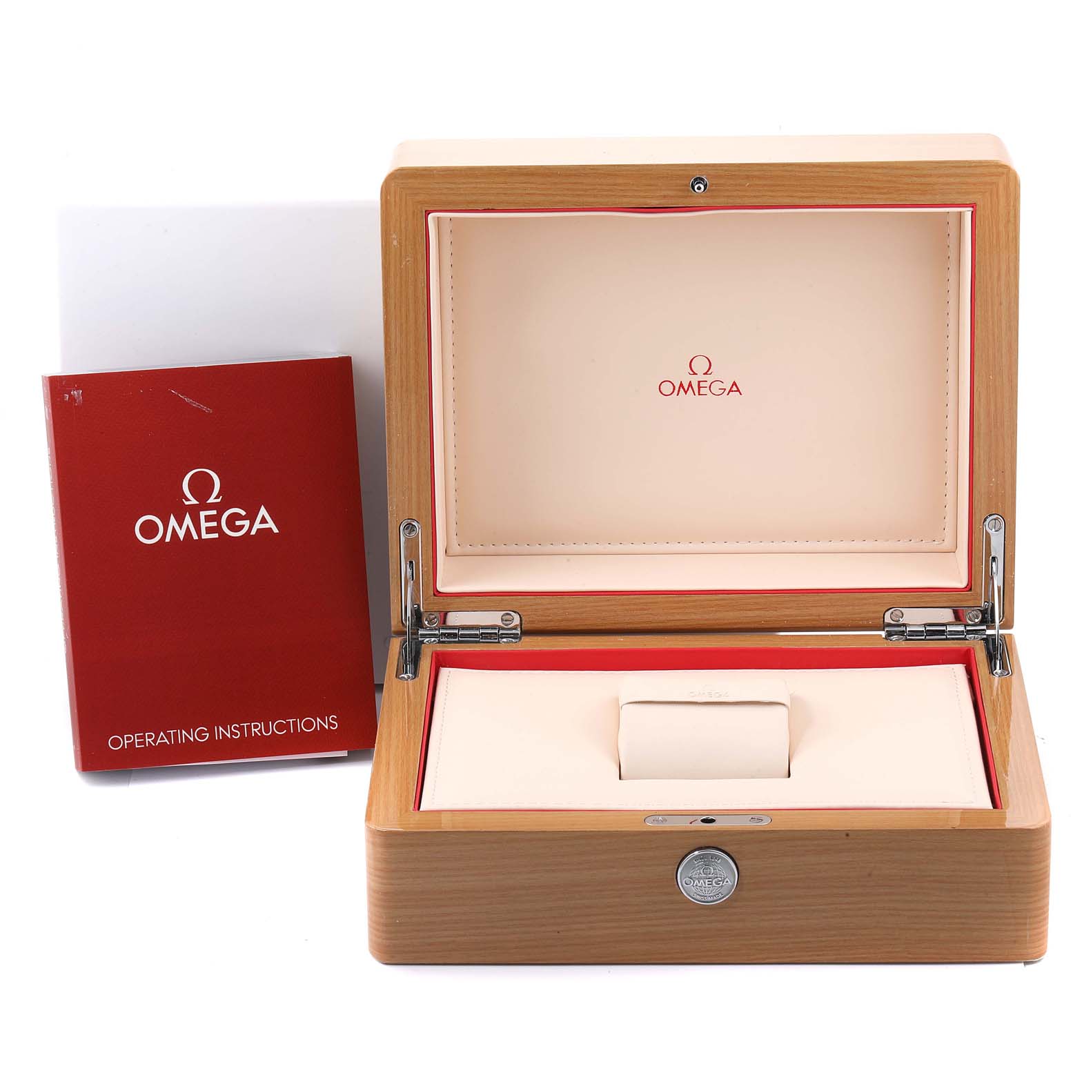 The image shows an open Omega Aqua Terra 231.10.44.50.01.001 Men
s Stainless Steel Black Dial 231.10.44.50.01.001 Men
s Stainless Steel Black Dial watch box and operating instructions booklet.