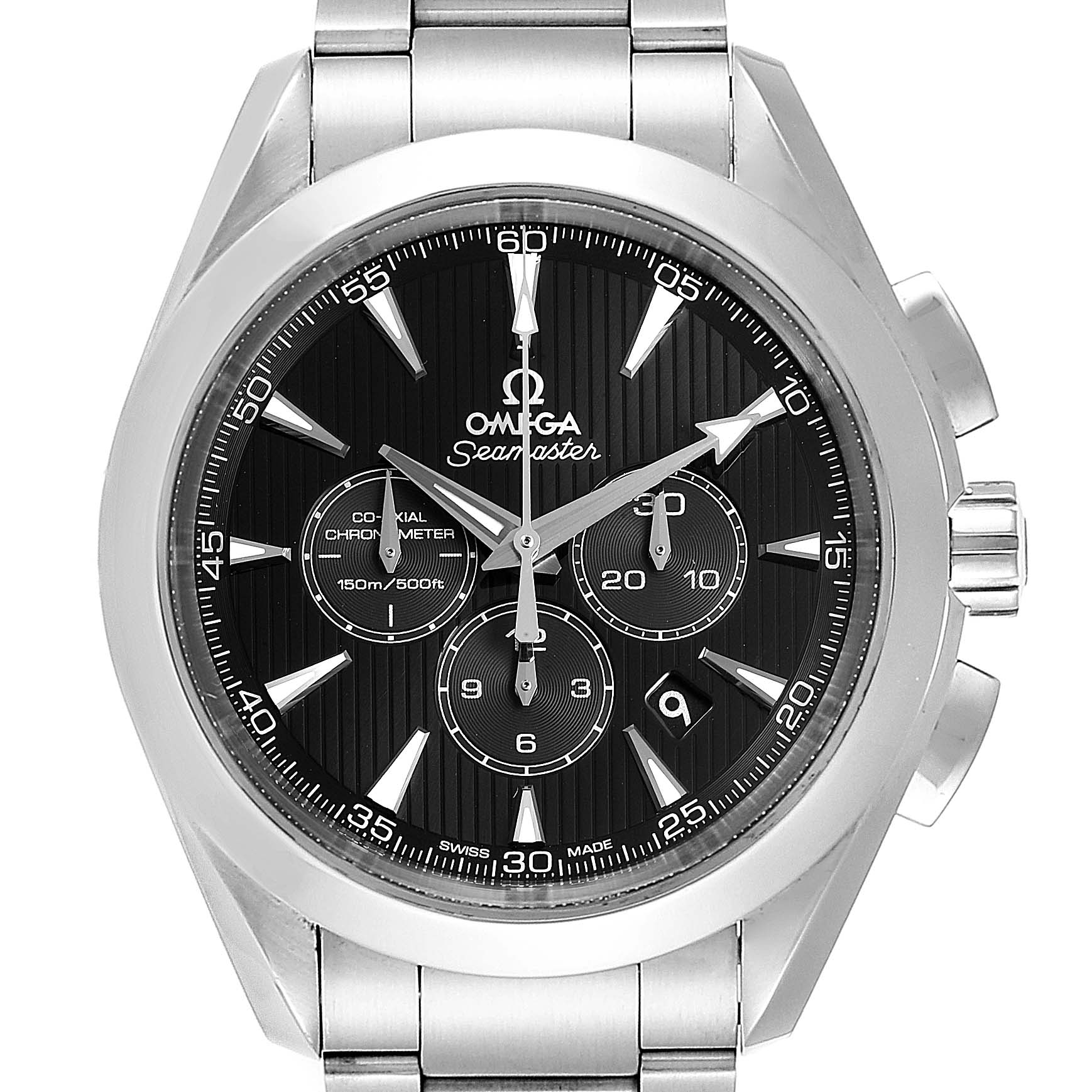The image shows a front view of the Omega Aqua Terra 231.10.44.50.01.001 Men
s Stainless Steel Black Dial 231.10.44.50.01.001 Men
s Stainless Steel Black Dial Seamaster watch, highlighting the face, subdials, and metal bracelet.