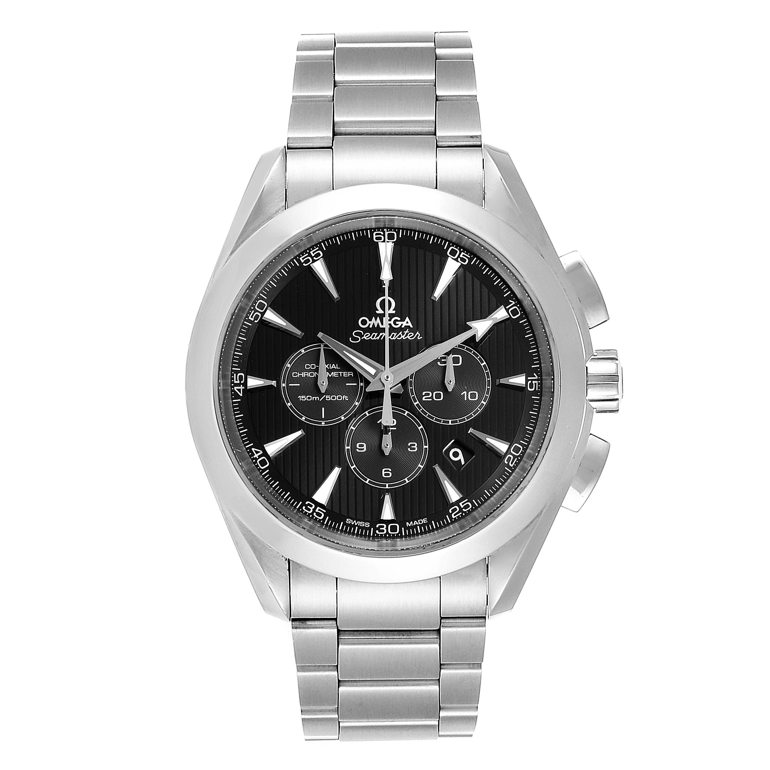 This is a frontal view of the Omega Aqua Terra 231.10.44.50.01.001 Men
s Stainless Steel Black Dial 231.10.44.50.01.001 Men
s Stainless Steel Black Dial Seamaster watch, showing its dial, stainless steel bracelet, and chronograph buttons.
