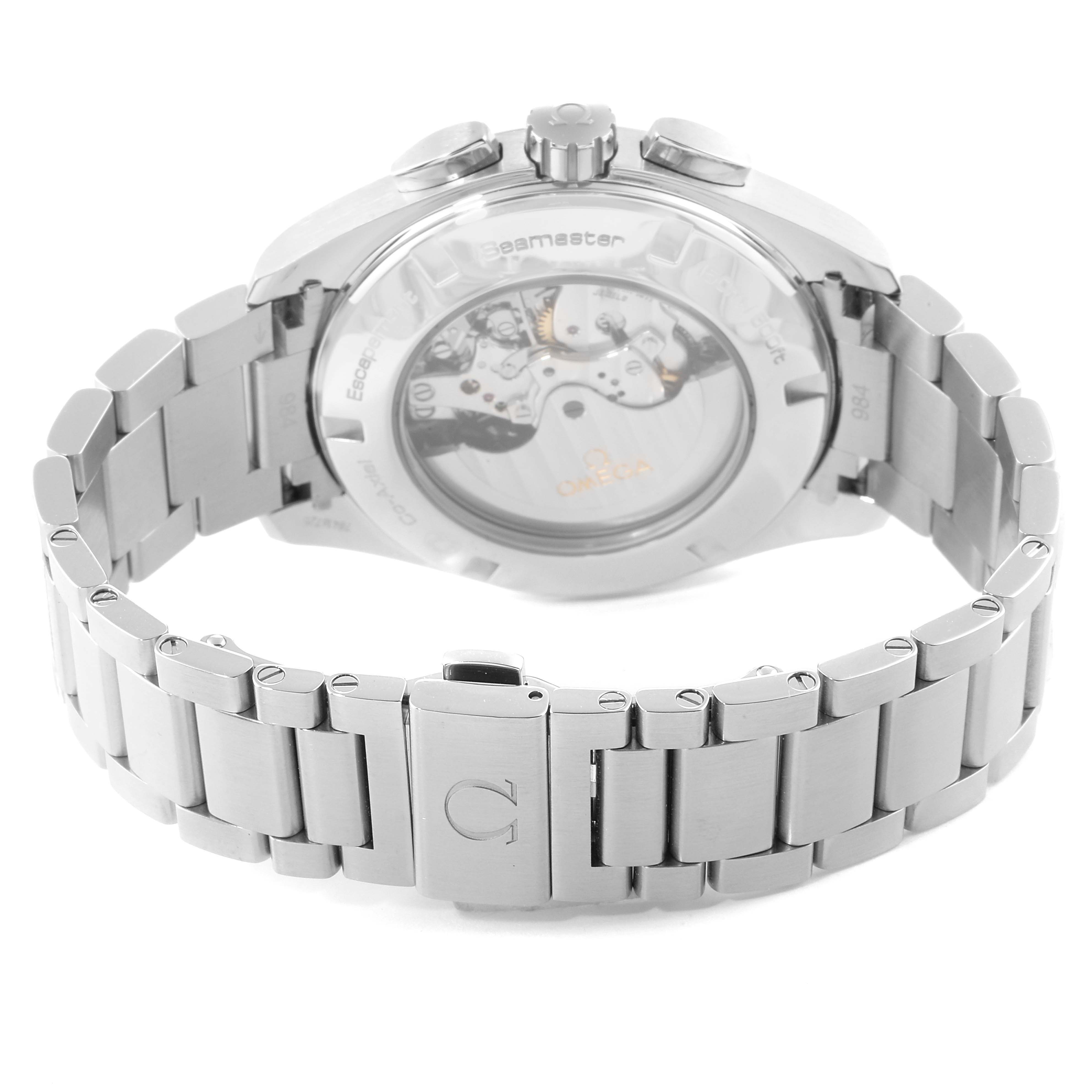 The image shows the back and bracelet of an Omega Aqua Terra 231.10.44.50.01.001 Men
s Stainless Steel Black Dial 231.10.44.50.01.001 Men
s Stainless Steel Black Dial watch, highlighting the transparent case back and intricate movement.