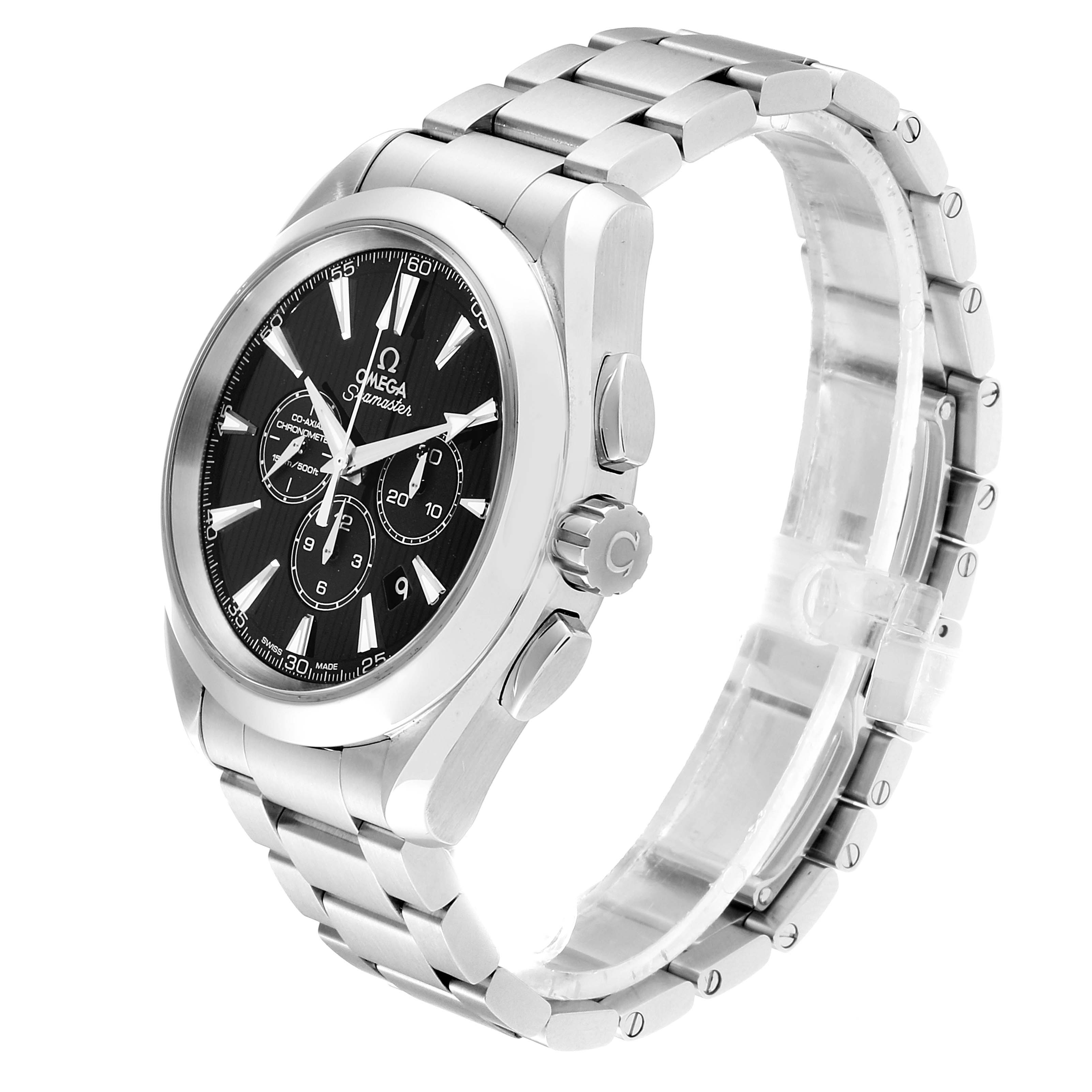 The Omega Aqua Terra 231.10.44.50.01.001 Men
s Stainless Steel Black Dial 231.10.44.50.01.001 Men
s Stainless Steel Black Dial watch is shown at a three-quarter angle, featuring the bezel, dial, crown, pushers, and metal bracelet.