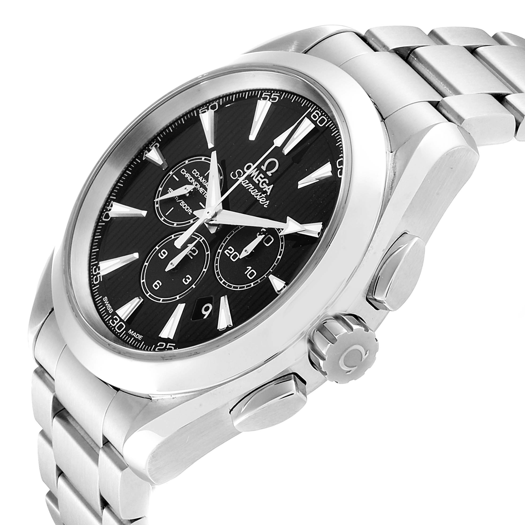 The image shows a side view of the Omega Aqua Terra 231.10.44.50.01.001 Men
s Stainless Steel Black Dial 231.10.44.50.01.001 Men
s Stainless Steel Black Dial watch, highlighting the crown, chronograph pushers, and bracelet.