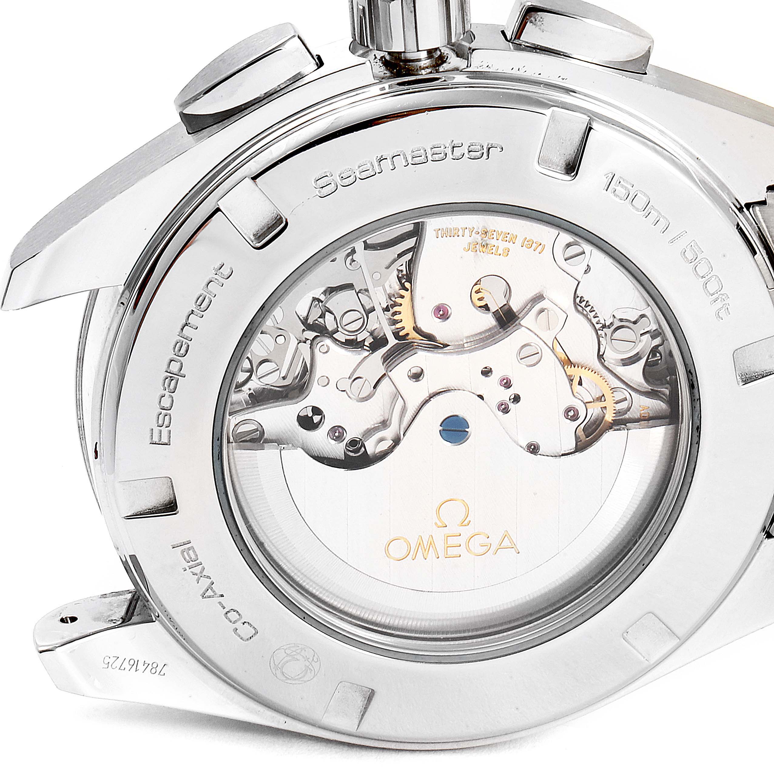 The image shows the back of the Omega Aqua Terra 231.10.44.50.01.001 Men
s Stainless Steel Black Dial 231.10.44.50.01.001 Men
s Stainless Steel Black Dial watch, showcasing its exposed mechanical movement.