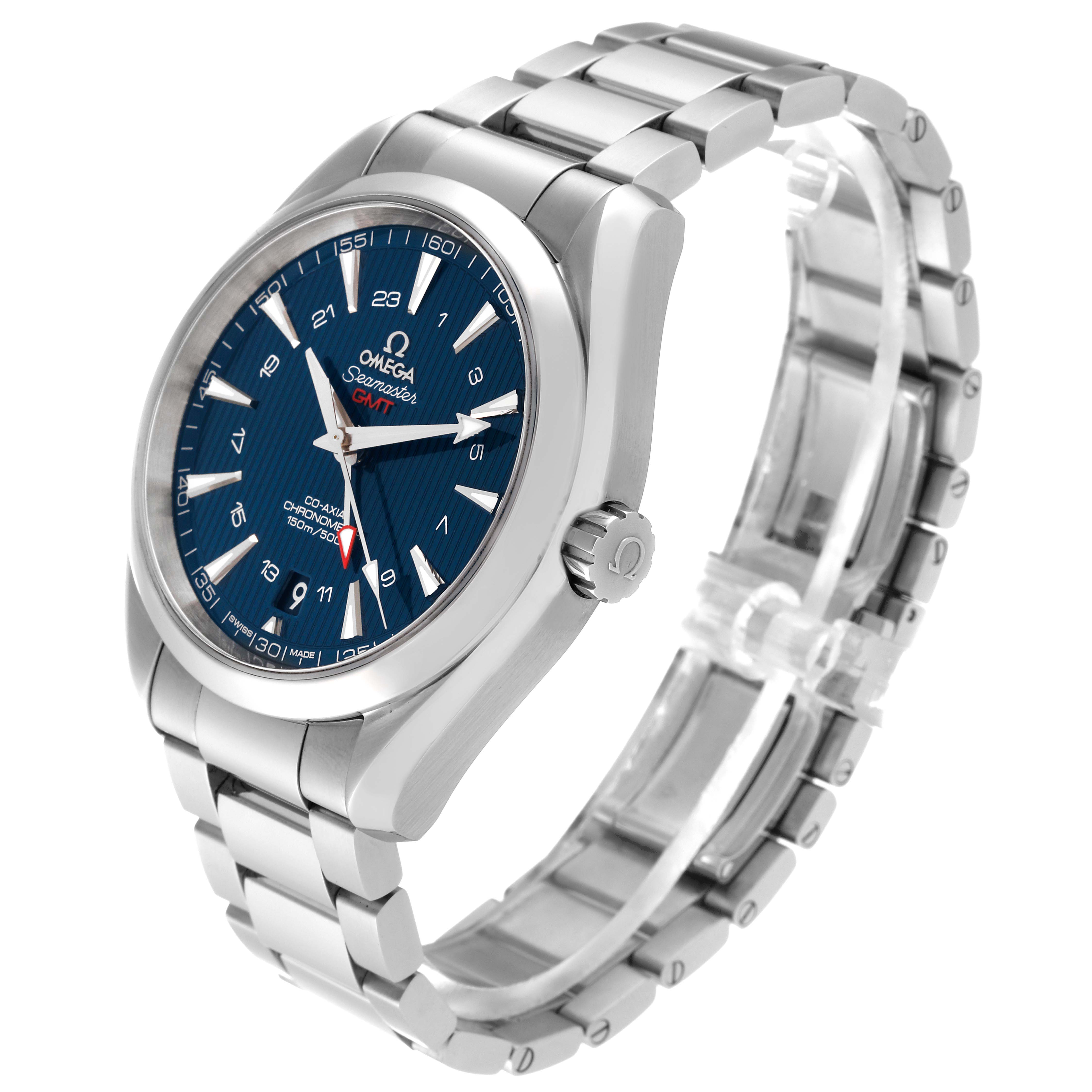 The image shows the Omega Aqua Terra 231.10.43.22.03.001 Men's Stainless Steel Blue Dial 231.10.43.22.03.001 Men's Stainless Steel Blue Dial watch at a three-quarter angle, highlighting the dial, crown, and bracelet.