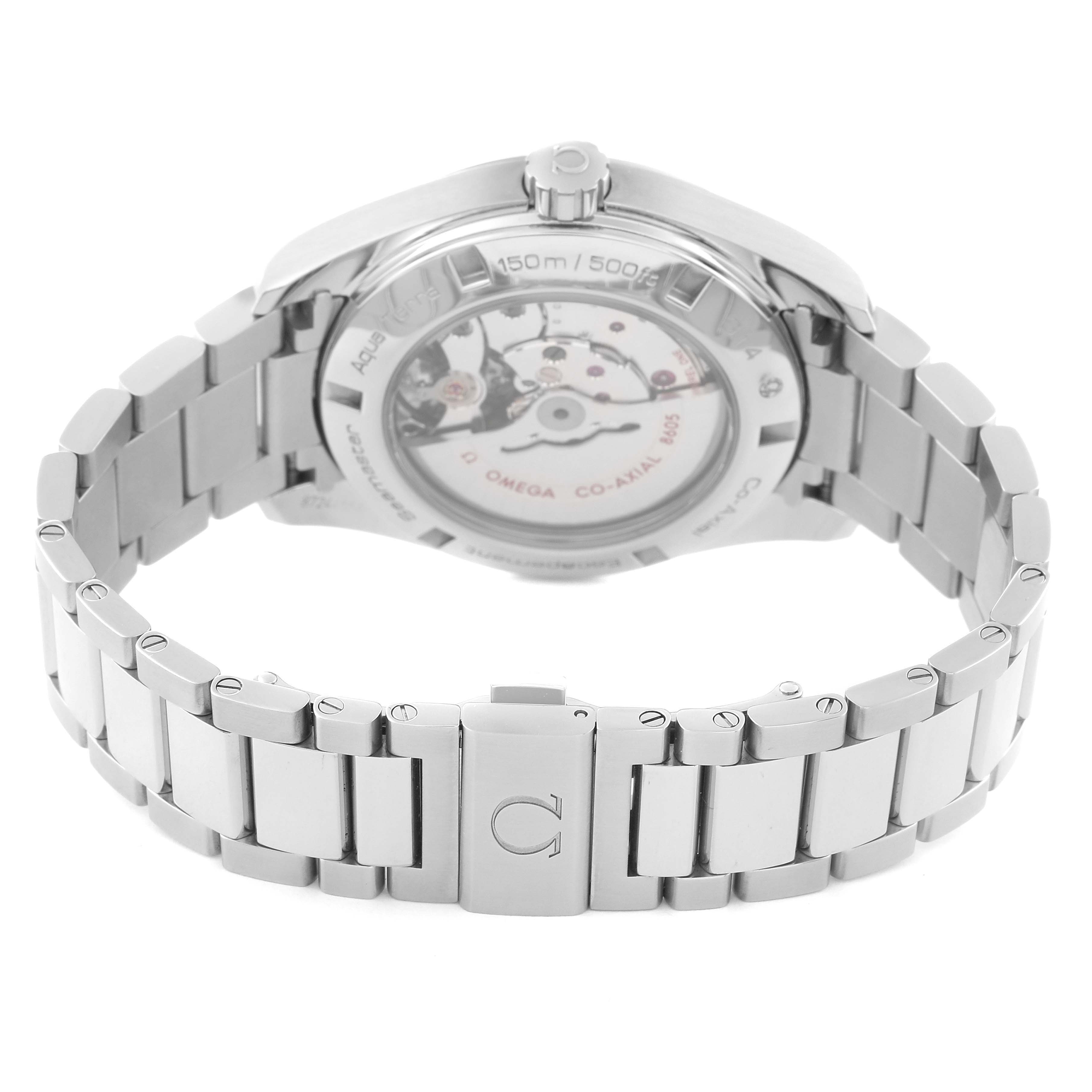 The image shows the back of the Omega Aqua Terra 231.10.43.22.03.001 Men's Stainless Steel Blue Dial 231.10.43.22.03.001 Men's Stainless Steel Blue Dial watch, highlighting its stainless steel bracelet and transparent case back.