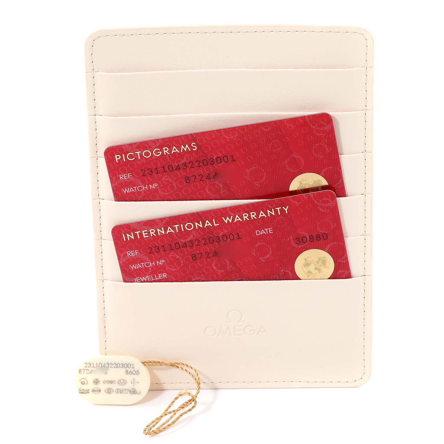 The image shows the warranty cards and a tag for an Omega Aqua Terra 231.10.43.22.03.001 Men's Stainless Steel Blue Dial 231.10.43.22.03.001 Men's Stainless Steel Blue Dial watch in a cream-colored cardholder.