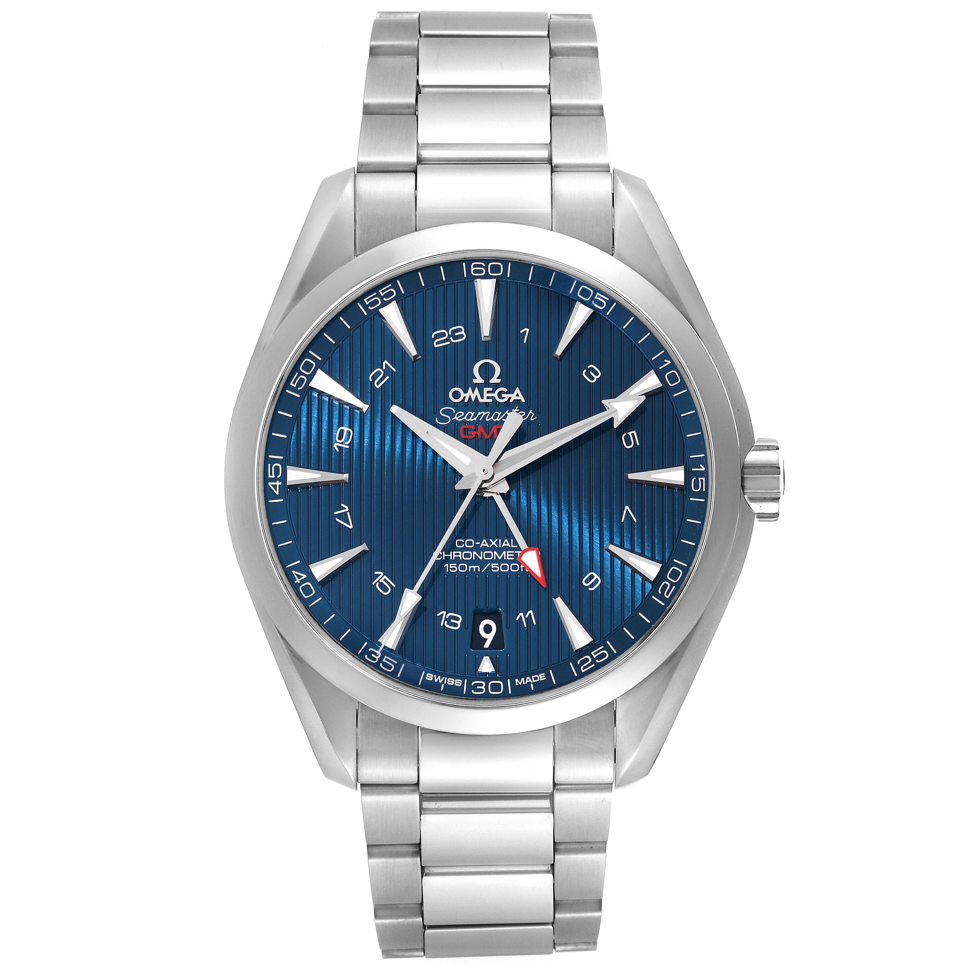 This image shows a front view of the Omega Aqua Terra 231.10.43.22.03.001 Men's Stainless Steel Blue Dial 231.10.43.22.03.001 Men's Stainless Steel Blue Dial Seamaster watch.