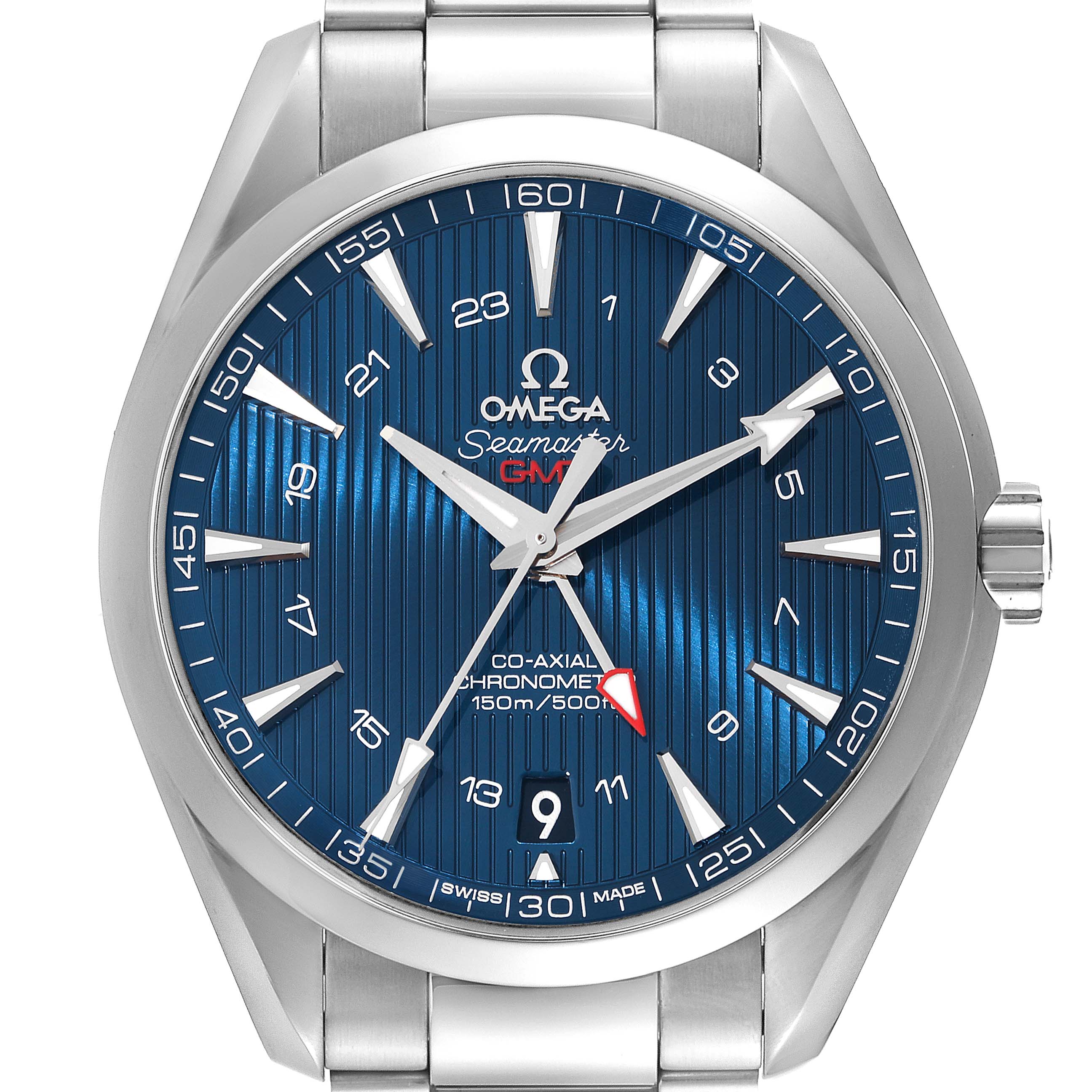 This image shows a front view of the Omega Aqua Terra 231.10.43.22.03.001 Men's Stainless Steel Blue Dial 231.10.43.22.03.001 Men's Stainless Steel Blue Dial Seamaster watch, displaying its blue dial, hour markers, and stainless steel bracelet.