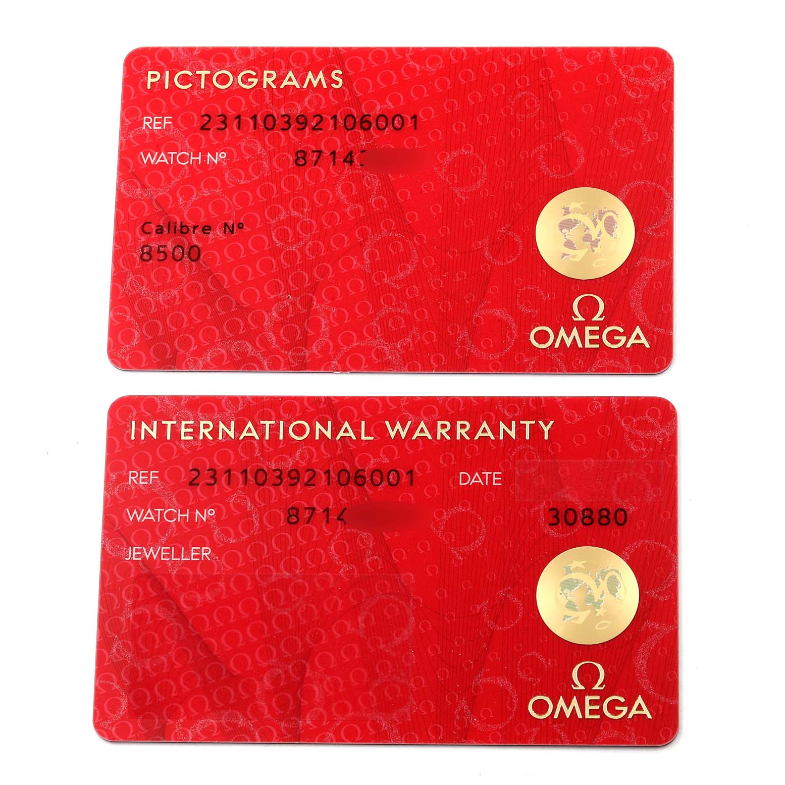 The image shows the Pictograms and International Warranty cards for an Omega Aqua Terra 231.10.39.21.06.001 Men's Stainless Steel Grey Dial 231.10.39.21.06.001 Men's Stainless Steel Grey Dial model watch.