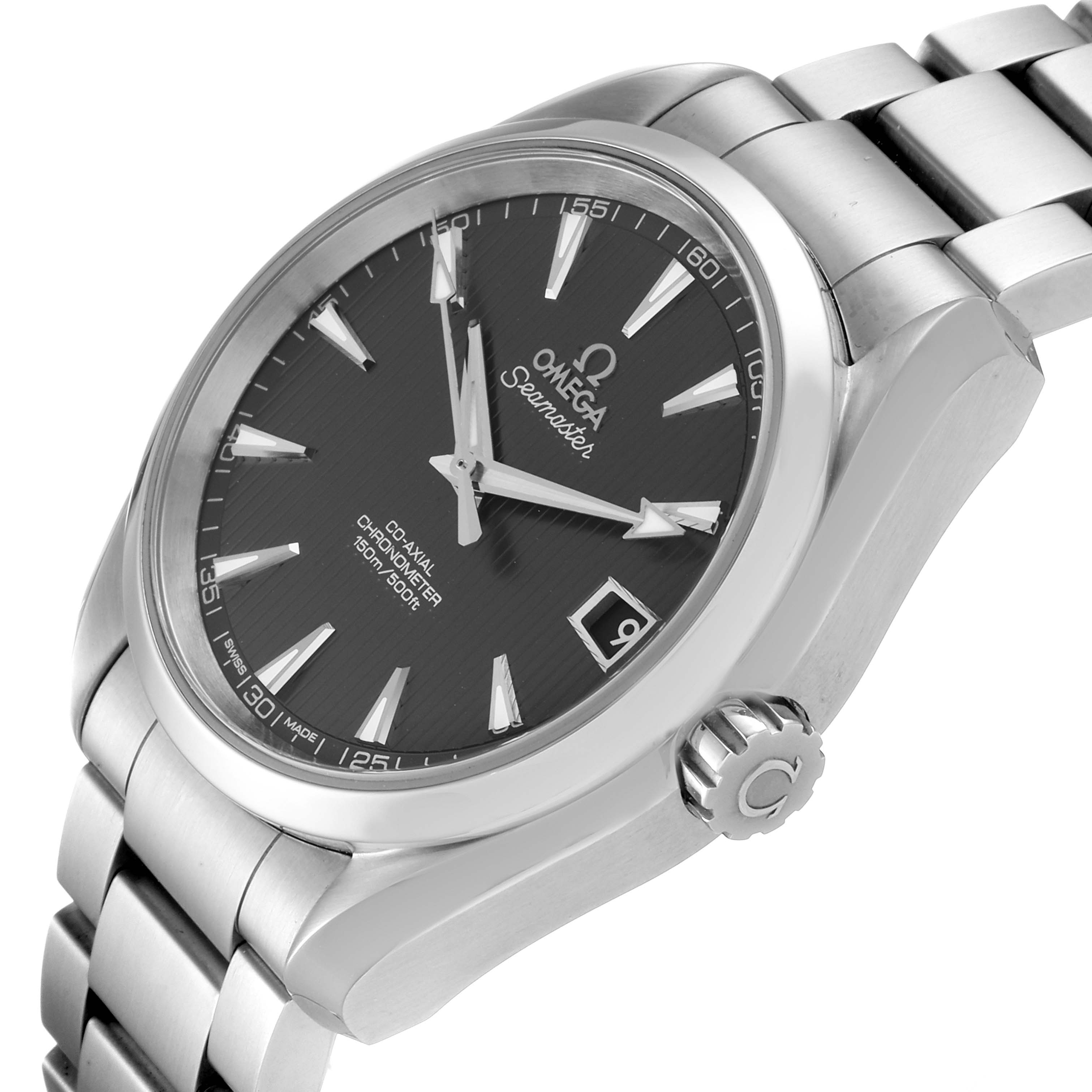 The Omega Aqua Terra 231.10.39.21.06.001 Men's Stainless Steel Grey Dial 231.10.39.21.06.001 Men's Stainless Steel Grey Dial watch is shown at a three-quarter angle, highlighting the face, crown, and part of the stainless steel bracelet.