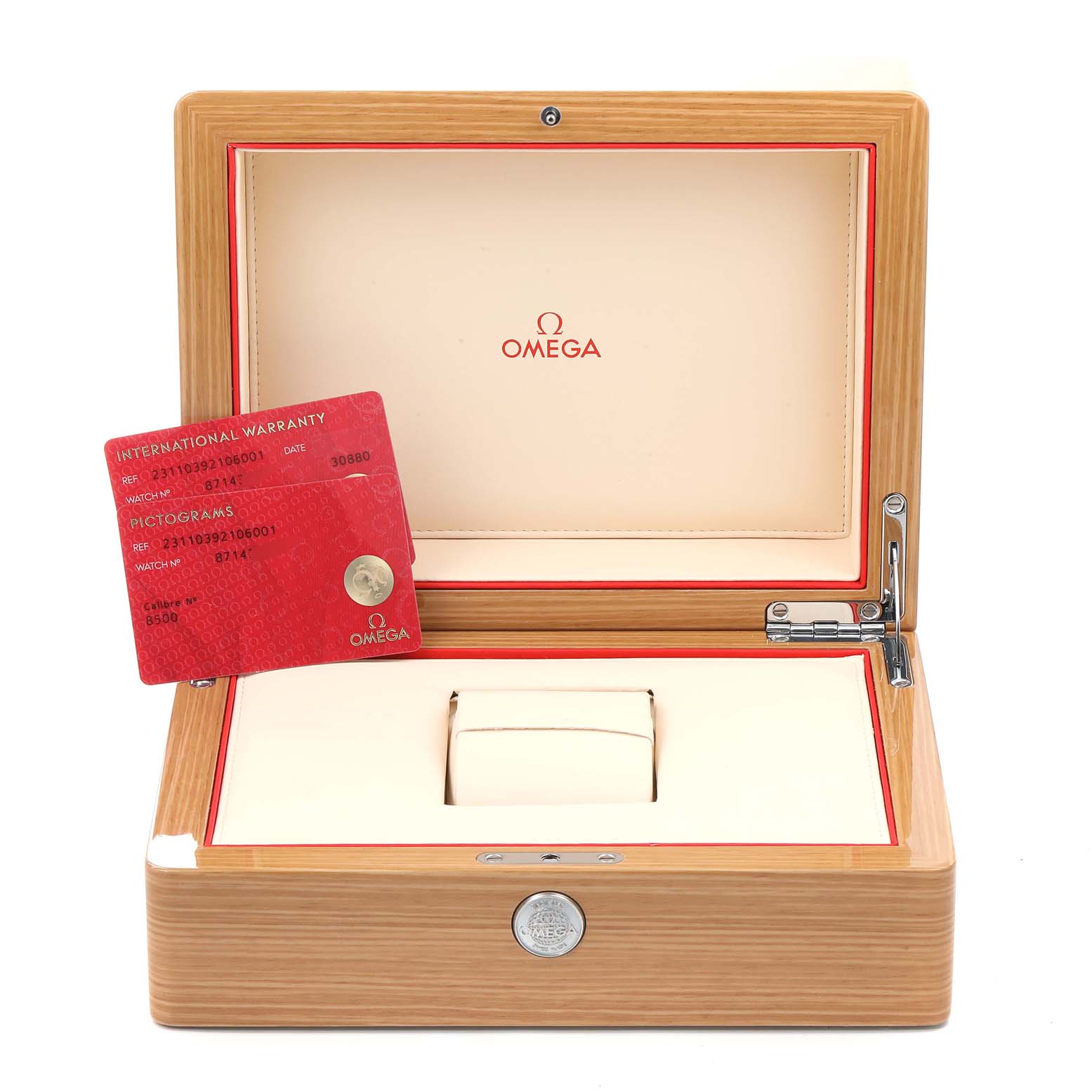 The image shows the Omega Aqua Terra 231.10.39.21.06.001 Men's Stainless Steel Grey Dial 231.10.39.21.06.001 Men's Stainless Steel Grey Dial watch accessories, including the wooden watch box and warranty cards, viewed from the front.