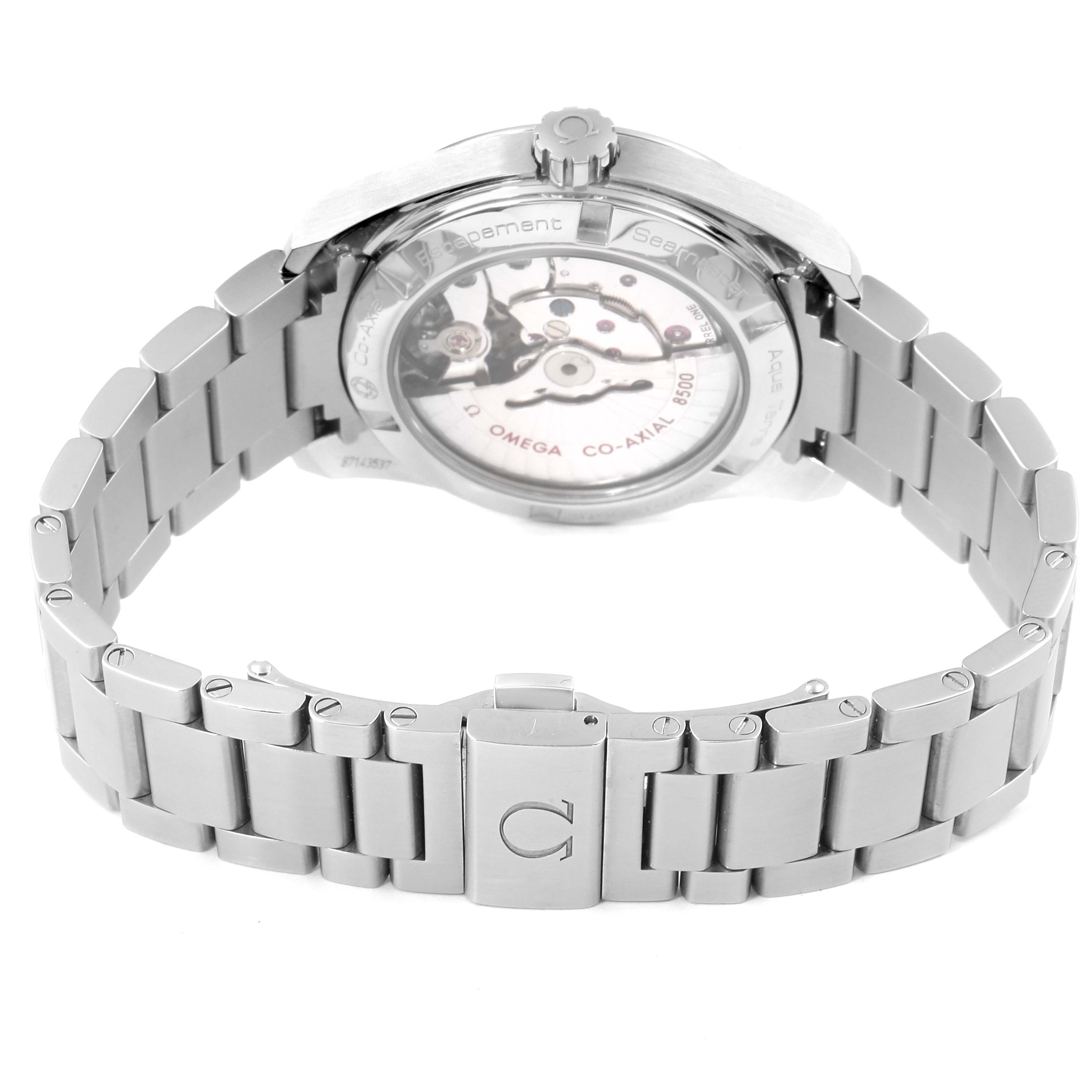 This image shows the back of the Omega Aqua Terra 231.10.39.21.06.001 Men's Stainless Steel Grey Dial 231.10.39.21.06.001 Men's Stainless Steel Grey Dial watch, highlighting its visible movement and stainless steel bracelet.