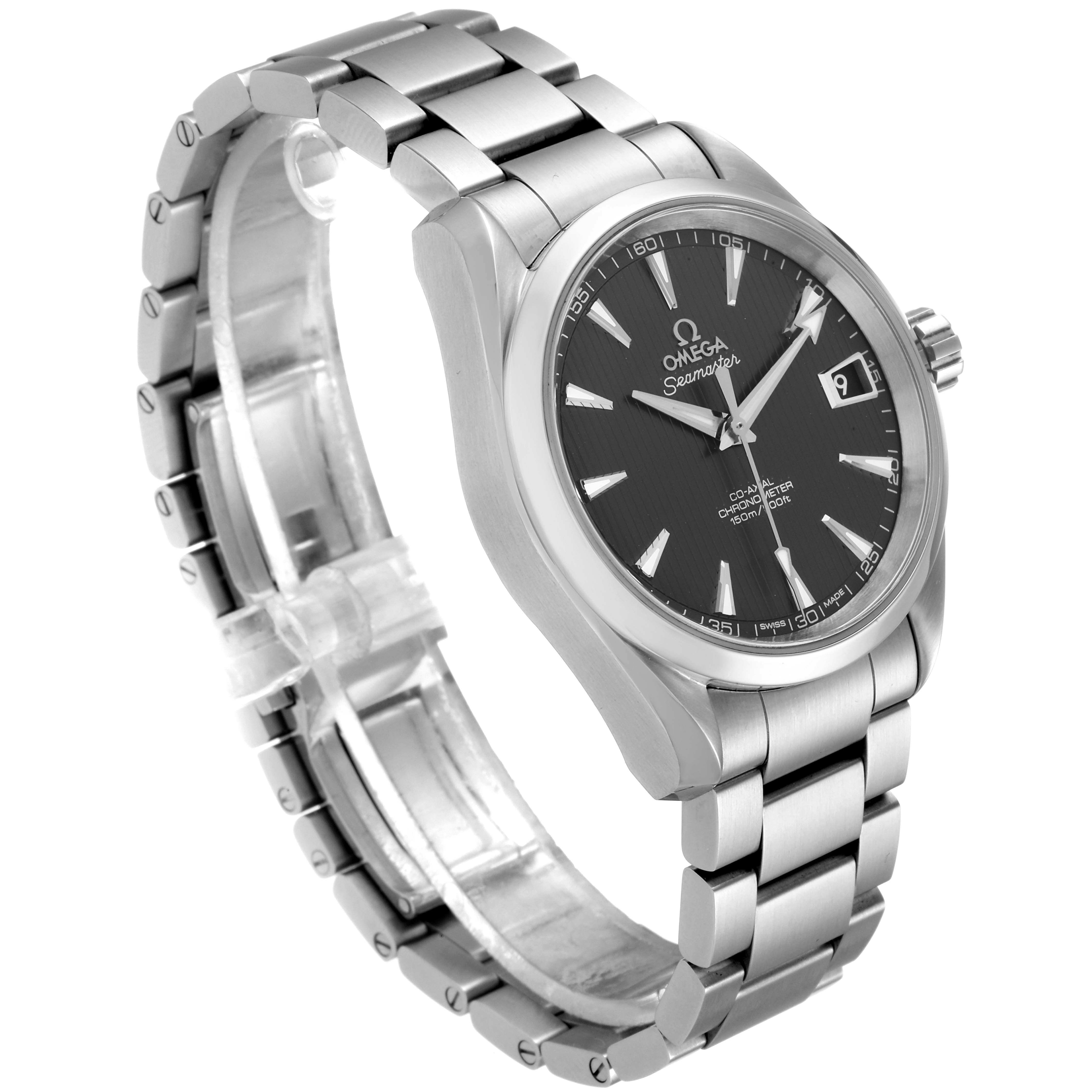 The Omega Aqua Terra 231.10.39.21.06.001 Men's Stainless Steel Grey Dial 231.10.39.21.06.001 Men's Stainless Steel Grey Dial watch is shown at a three-quarter angle, displaying the face, case, crown, and metal bracelet.