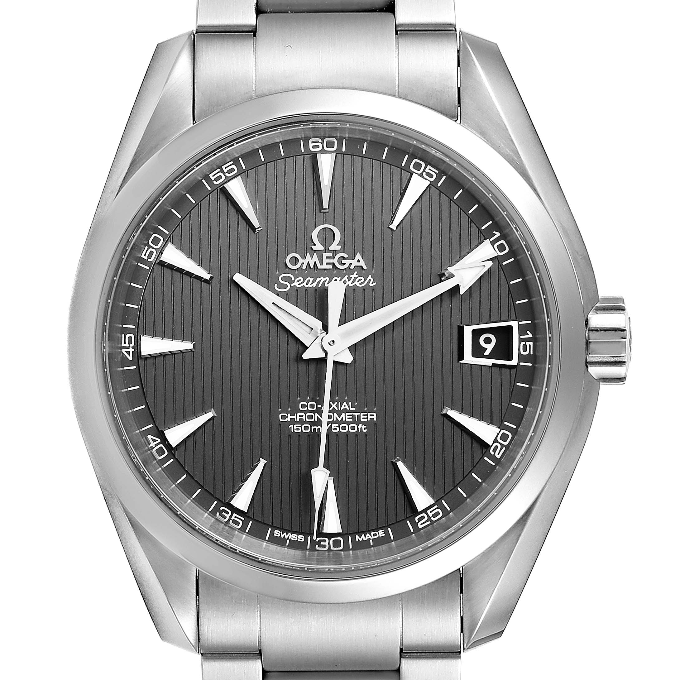The image shows a front view of the Omega Seamaster Aqua Terra watch, displaying its dial, hands, and date window.