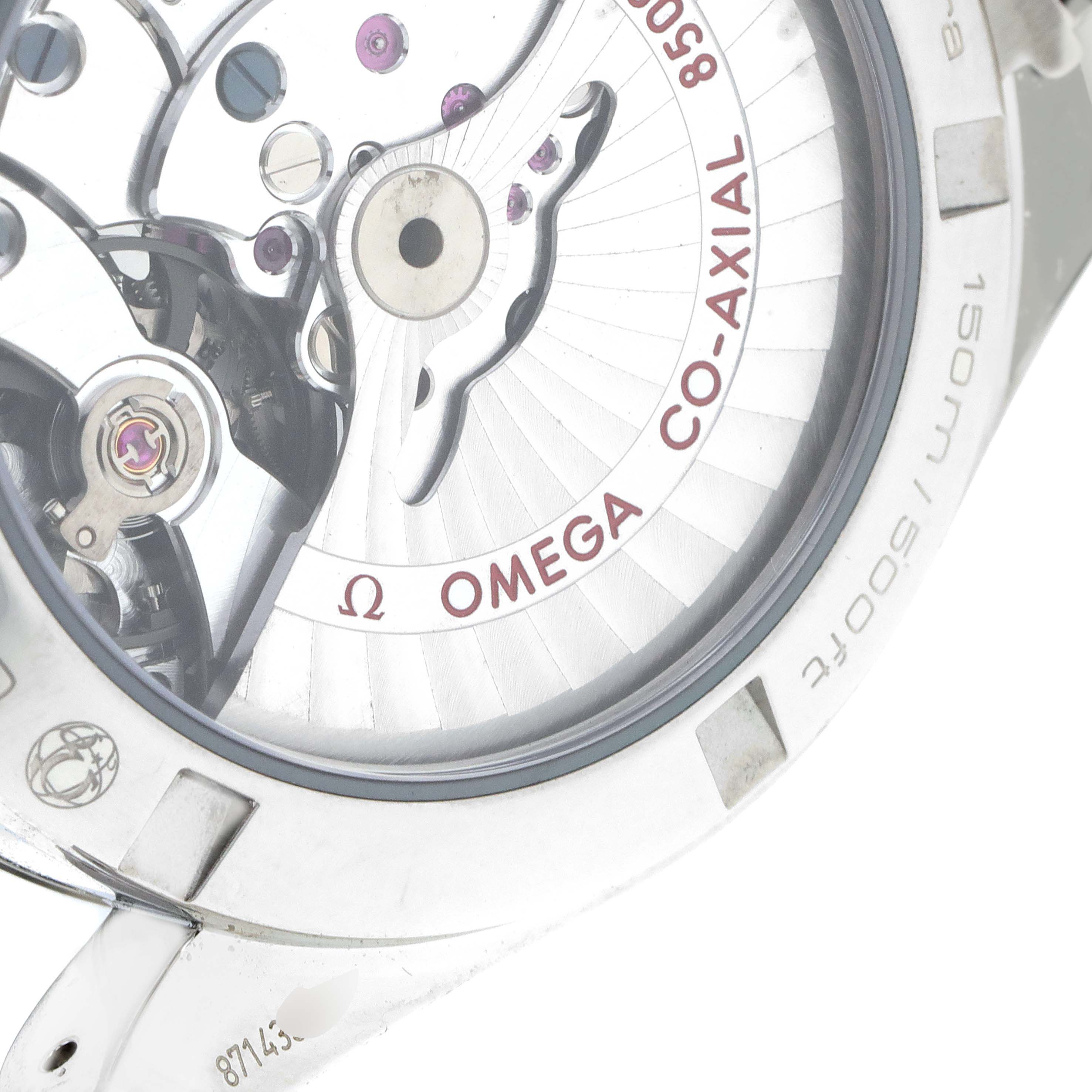 The image shows the back view of the Omega Aqua Terra 231.10.39.21.06.001 Men's Stainless Steel Grey Dial 231.10.39.21.06.001 Men's Stainless Steel Grey Dial watch, highlighting the Co-Axial 8500 movement.