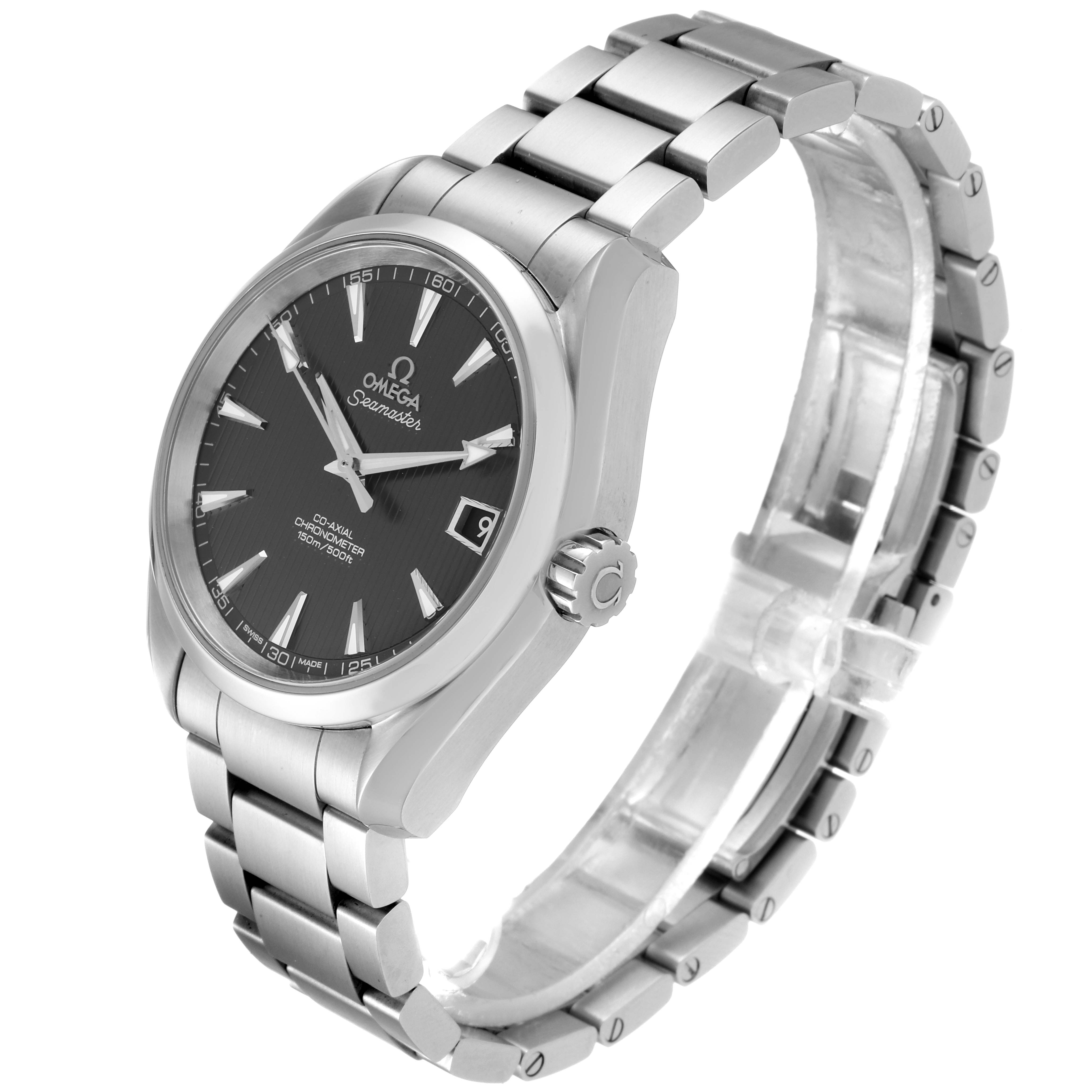 The image shows a side and angled view of the Omega Aqua Terra 231.10.39.21.06.001 Men's Stainless Steel Grey Dial 231.10.39.21.06.001 Men's Stainless Steel Grey Dial watch, displaying the dial, bracelet, and crown.