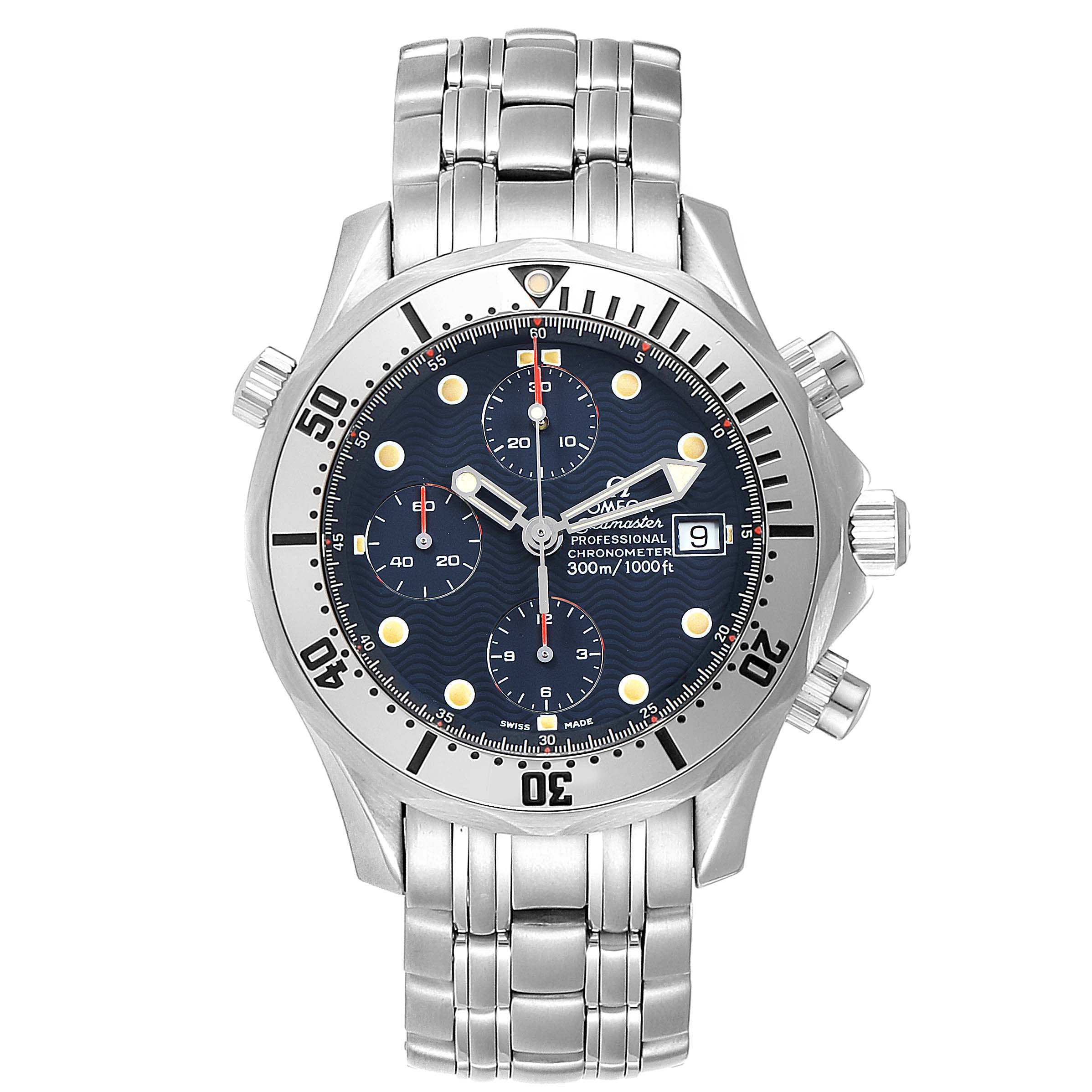 The image shows a frontal view of the Omega Seamaster 2598.80.00 Men
s Stainless Steel Blue Dial 2598.80.00 Men
s Stainless Steel Blue Dial watch, showcasing its dial, bezel, hands, and bracelet.