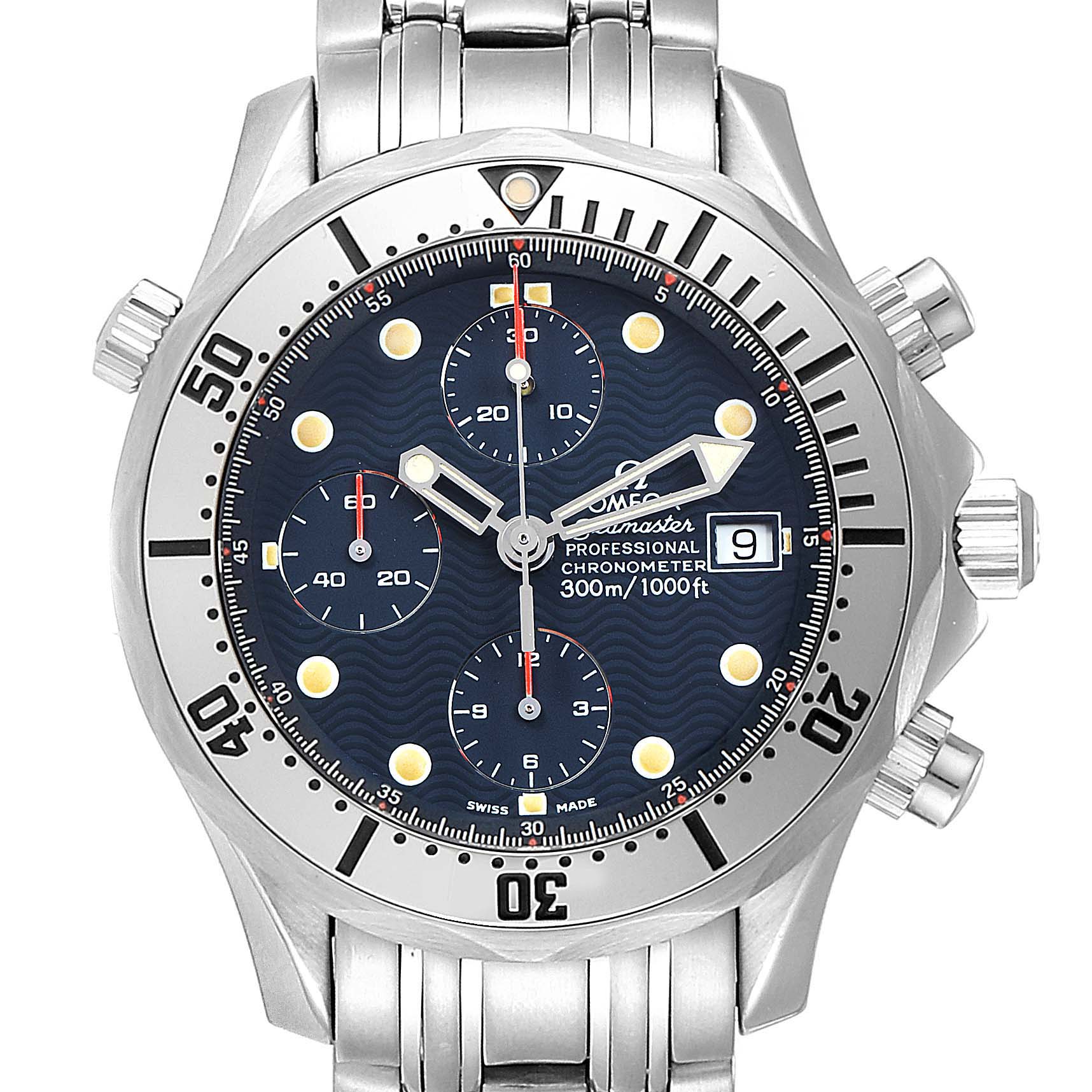 The Omega Seamaster 2598.80.00 Men
s Stainless Steel Blue Dial 2598.80.00 Men
s Stainless Steel Blue Dial watch is shown from a front view, highlighting its dial, bezel, and bracelet.