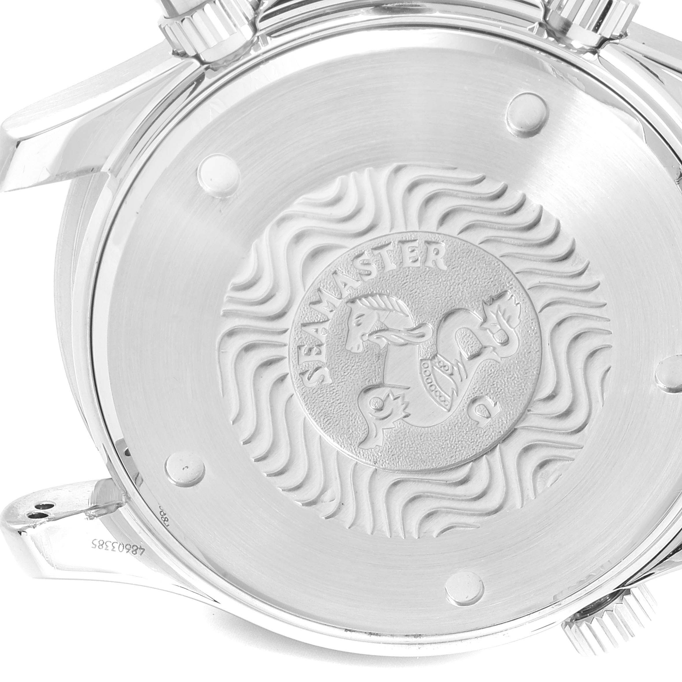 The image shows the back case of an Omega Seamaster 2598.80.00 Men
s Stainless Steel Blue Dial 2598.80.00 Men
s Stainless Steel Blue Dial watch, featuring the iconic Seamaster emblem and crown.