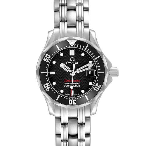 The Omega 212.30.28.61.01.001 Women's Stainless Steel Black Dial Seamaster Diver 300M 28 Ladies Watch is shown from a front angle, highlighting its face and metal bracelet.