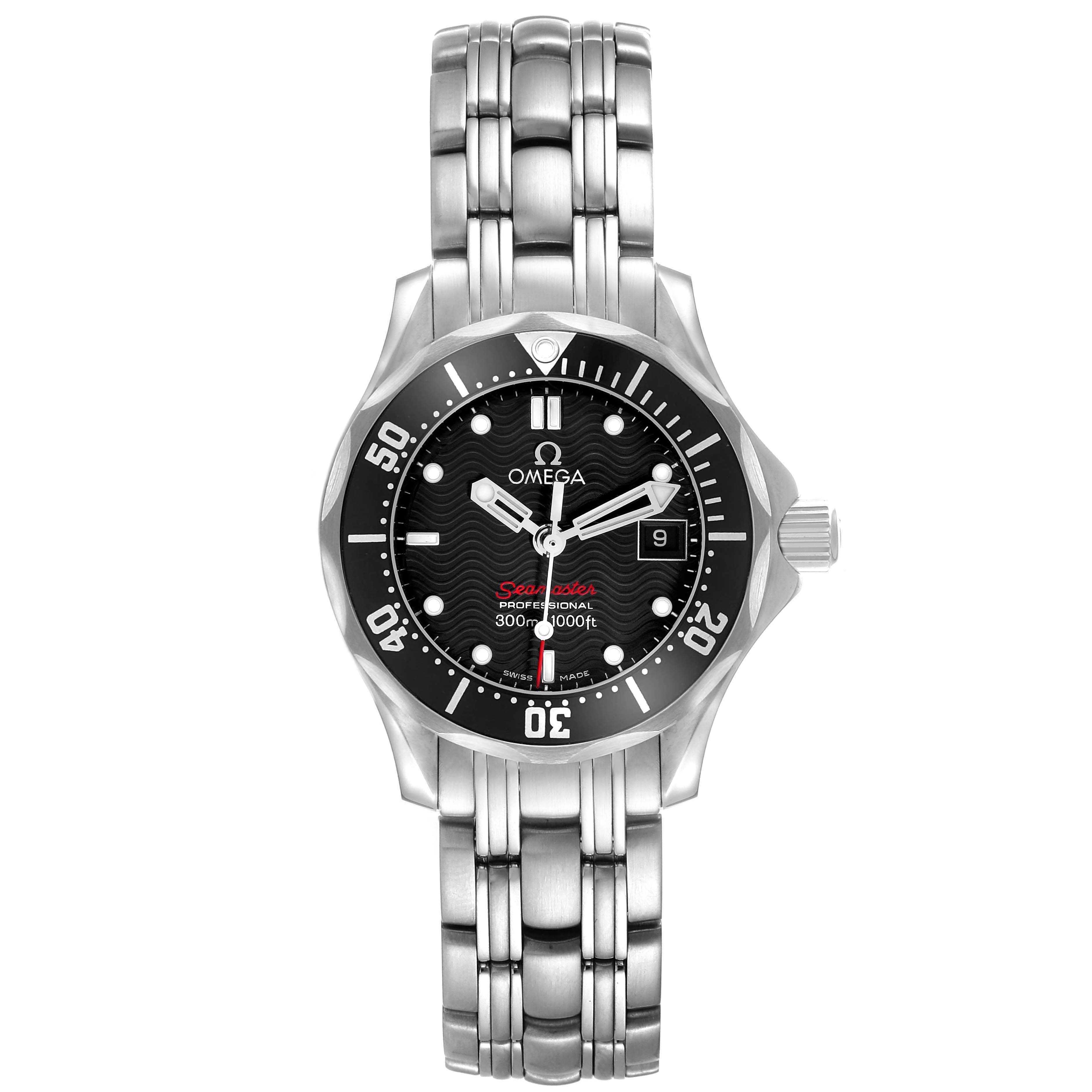 The Omega 212.30.28.61.01.001 Women's Stainless Steel Black Dial Seamaster Diver 300M 28 Ladies Watch is shown from a front angle, displaying the dial, bezel, and bracelet.