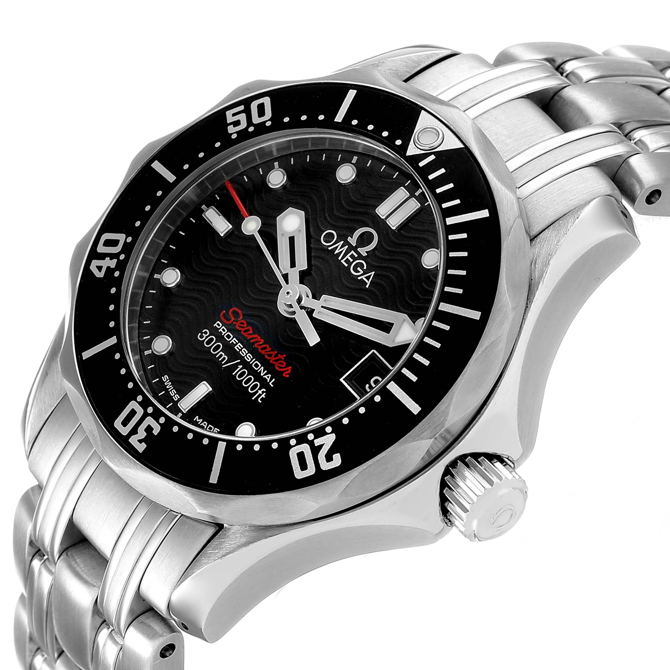 The Omega 212.30.28.61.01.001 Women's Stainless Steel Black Dial Seamaster Diver 300M Ladies Watch is shown from an angled view, highlighting the dial, bezel, crown, and bracelet.