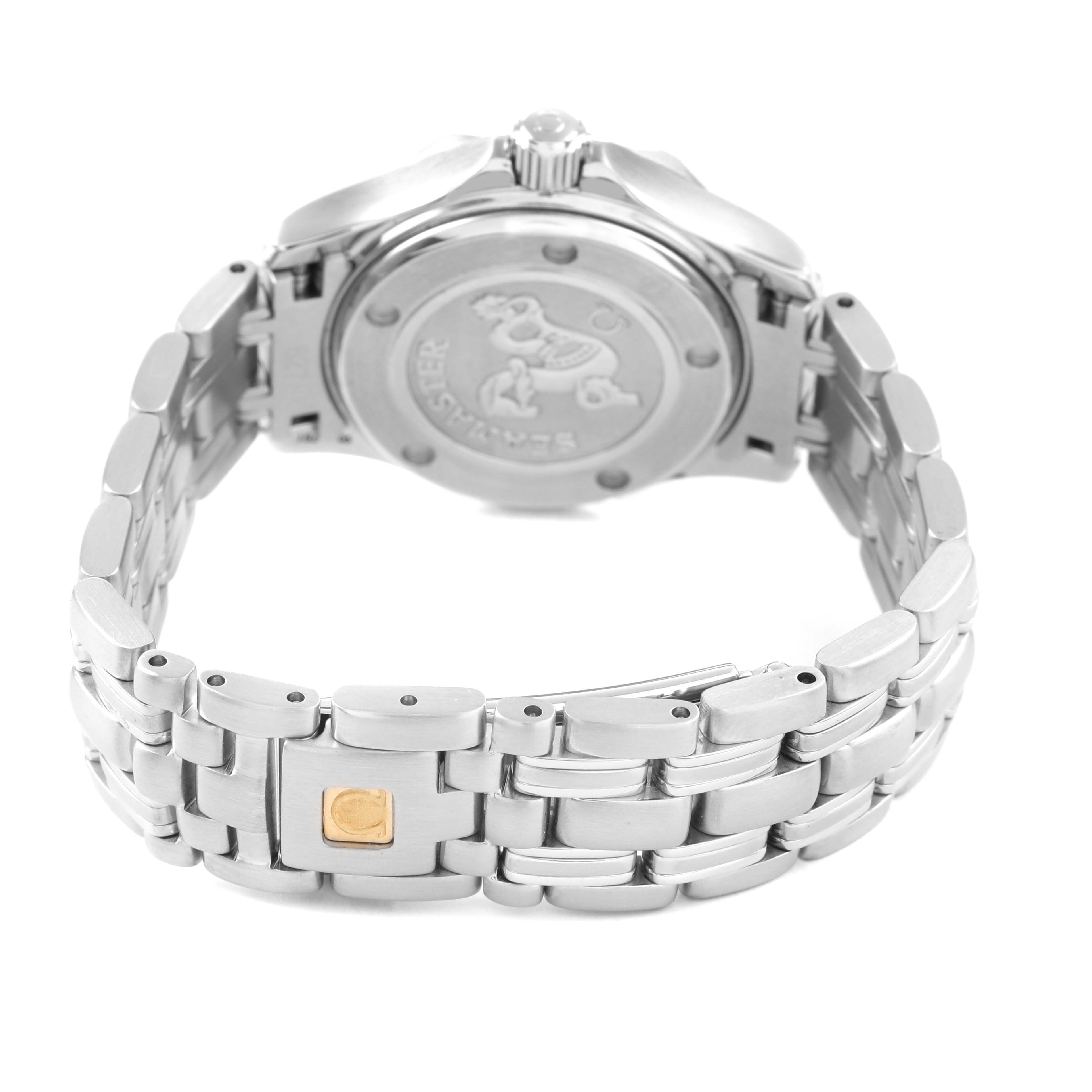 The image shows the back and bracelet of the Omega 212.30.28.61.01.001 Women's Stainless Steel Black Dial Seamaster Diver 300M 28 Ladies Watch 212.30.28.61.01.001.