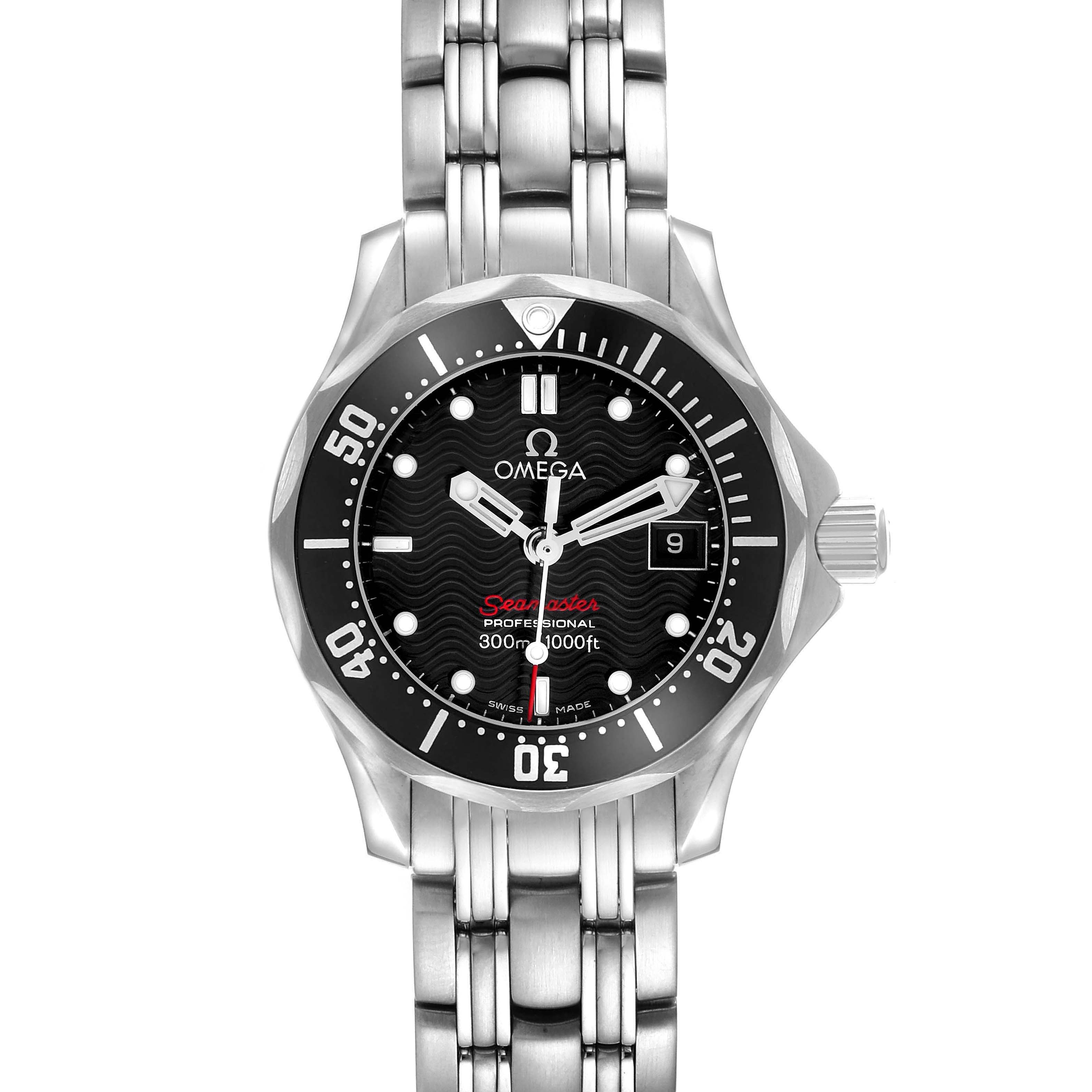 The image shows a frontal view of the Omega 212.30.28.61.01.001 Women's Stainless Steel Black Dial Seamaster Diver 300M 28 Ladies Watch, displaying its face, bezel, crown, and bracelet.