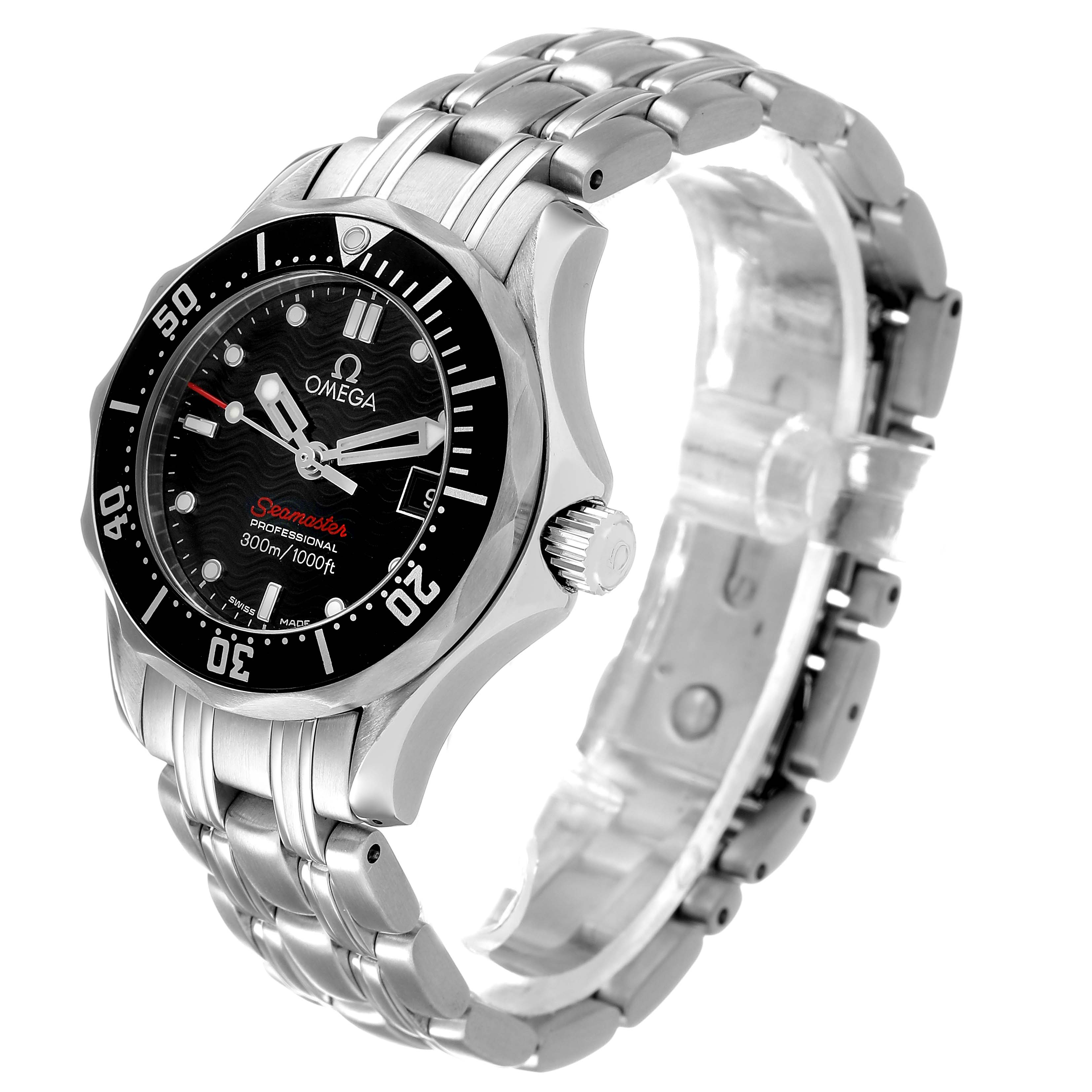 The Omega 212.30.28.61.01.001 Women's Stainless Steel Black Dial Seamaster Diver 300M 28 Ladies Watch is shown at a 3/4 angle, highlighting its face, bezel, crown, and bracelet.