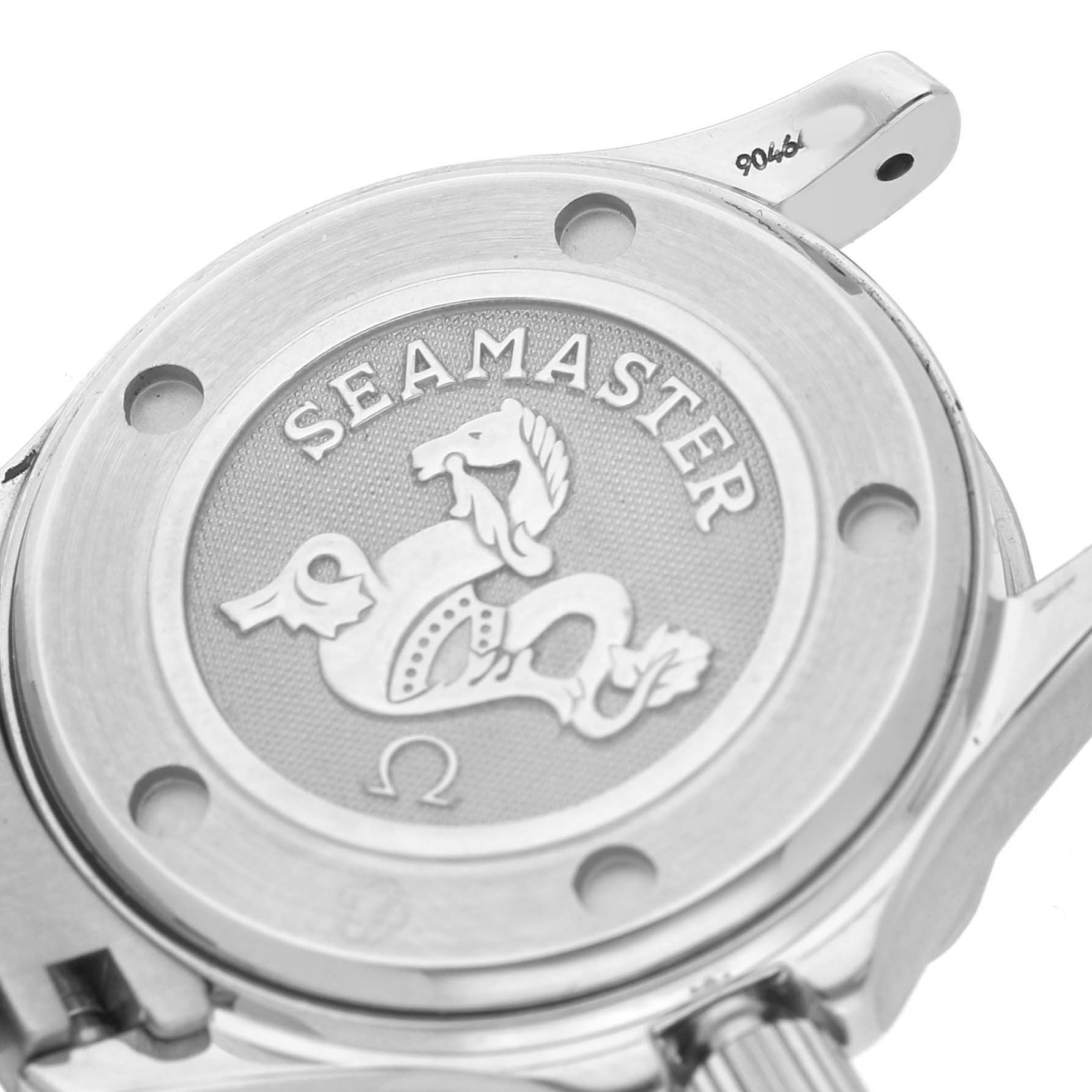 The image shows the backside of the Omega 212.30.28.61.01.001 Women's Stainless Steel Black Dial Seamaster Diver 300M 28 Ladies Watch, highlighting the case back with the Seamaster emblem.