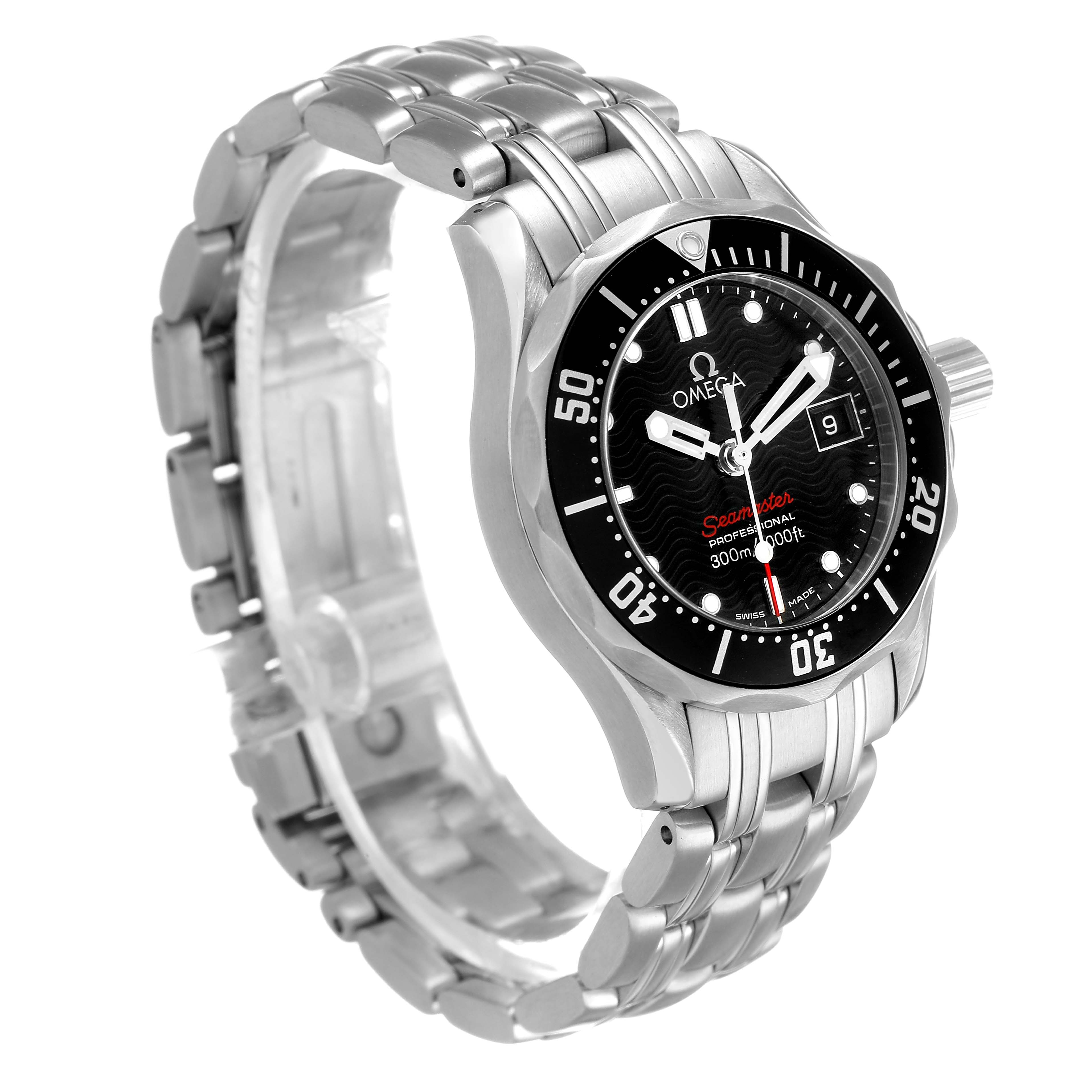 The Omega 212.30.28.61.01.001 Women's Stainless Steel Black Dial Seamaster Diver 300M 28 Ladies Watch is shown at a three-quarter angle, highlighting the bezel, dial, and bracelet.