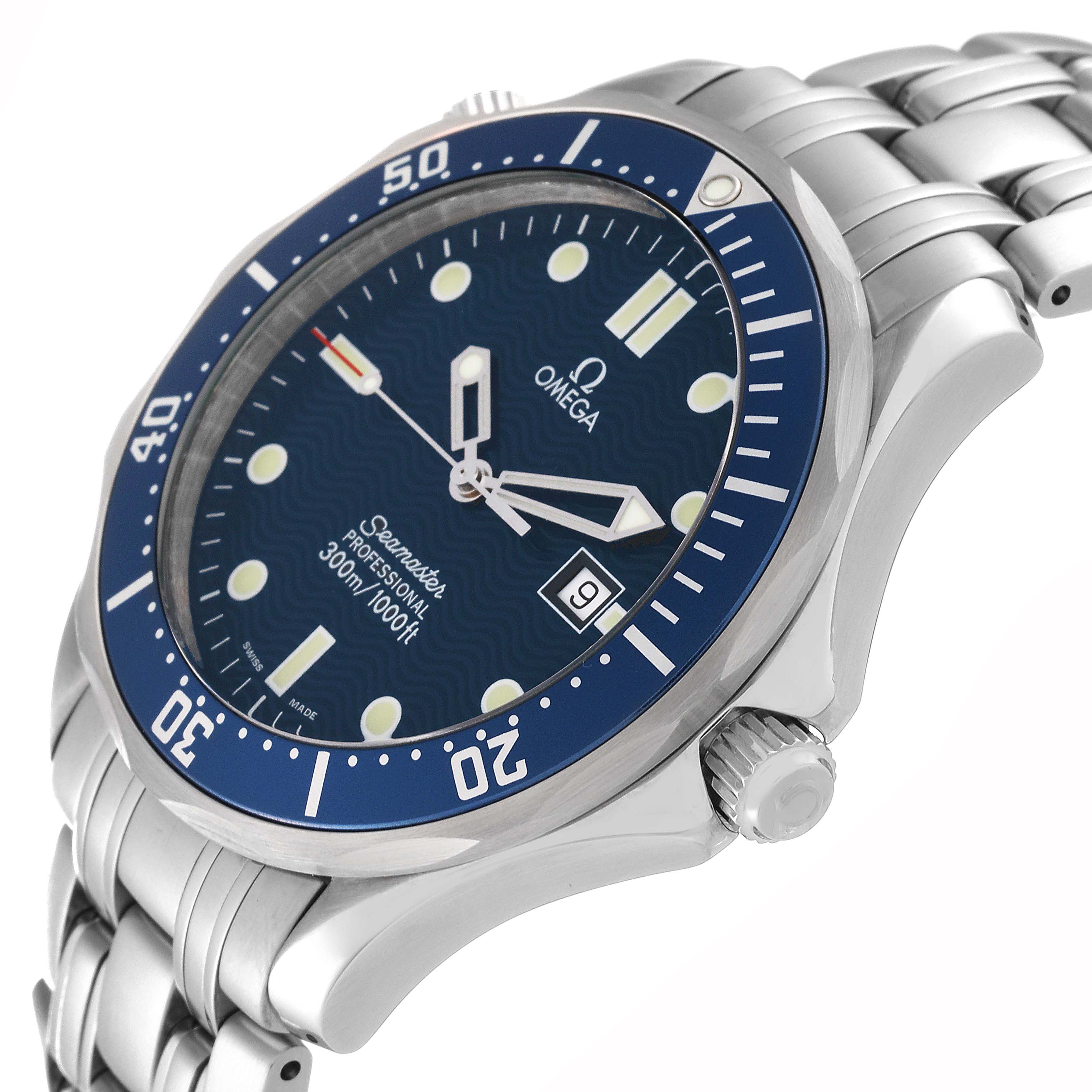 An Omega Seamaster 2541.80.00 Men's Stainless Steel Blue Dial 2541.80.00 Men's Stainless Steel Blue Dial watch is shown at an angle that highlights its face, bezel, crown, and part of the bracelet.