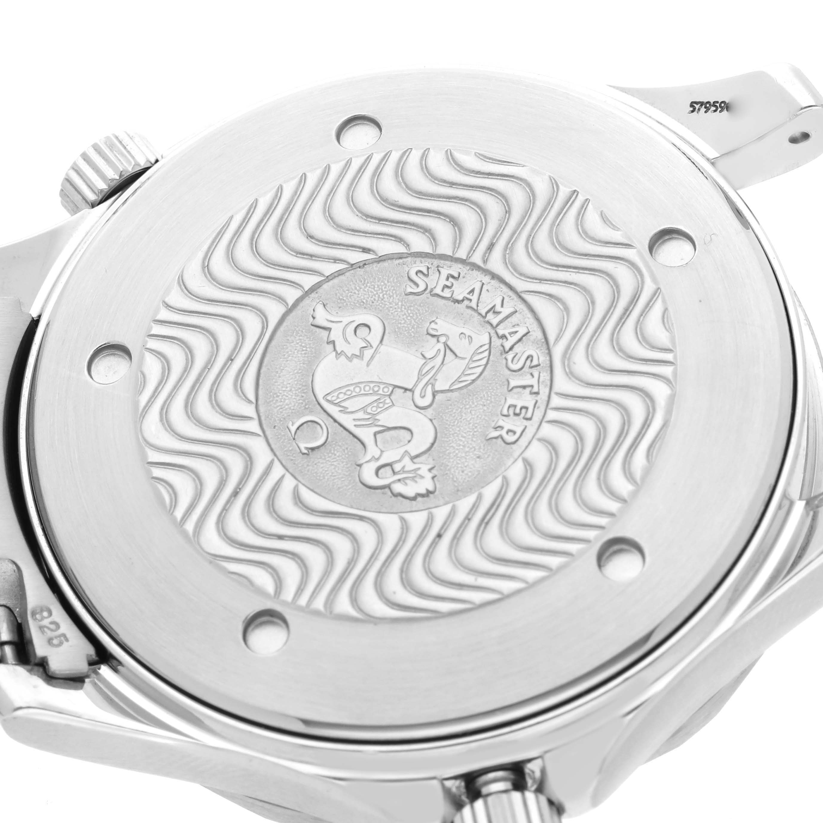 The image shows the case back of an Omega Seamaster 2541.80.00 Men's Stainless Steel Blue Dial 2541.80.00 Men's Stainless Steel Blue Dial watch, featuring wave patterns and the Seamaster logo.