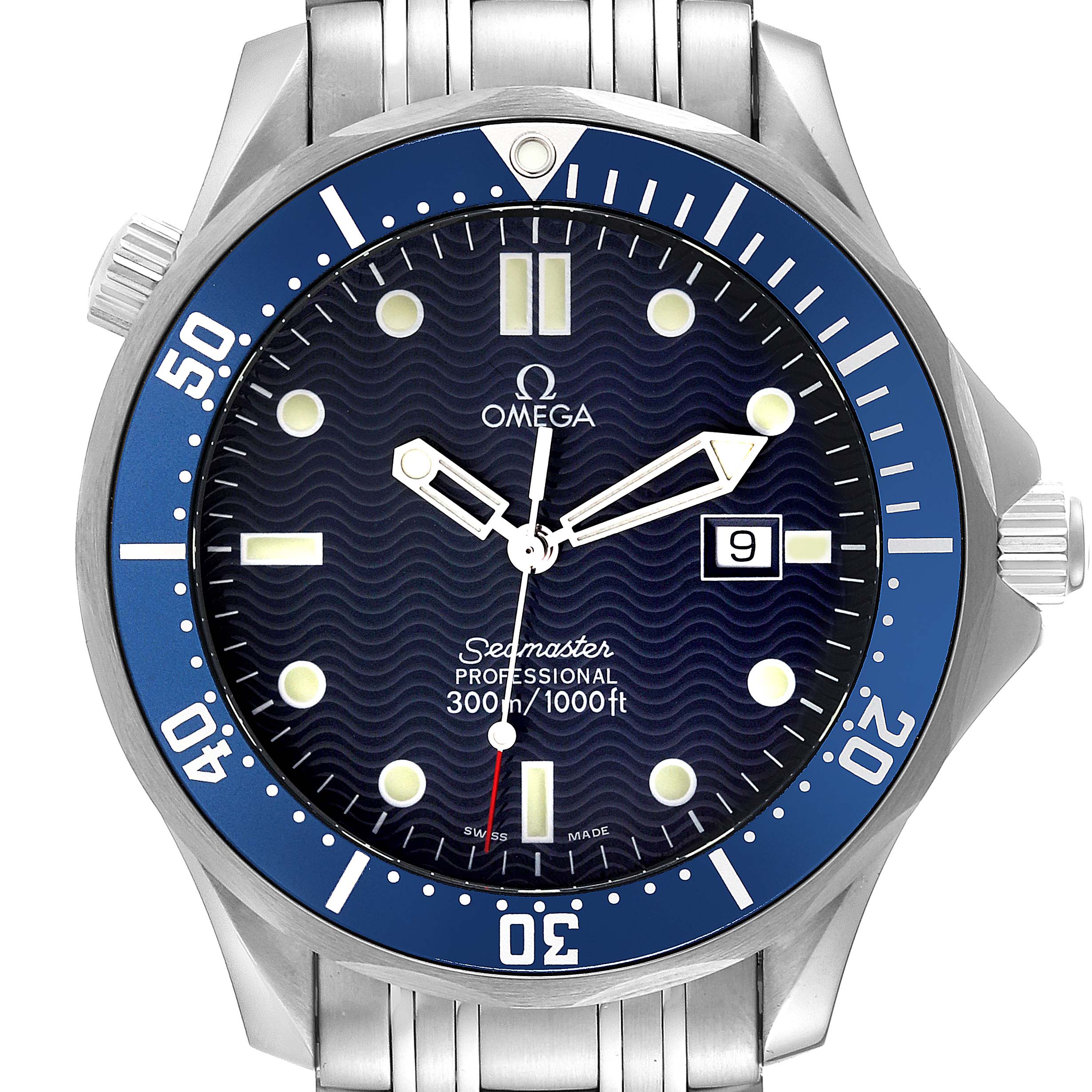 The image shows a frontal view of the Omega Seamaster 2541.80.00 Men's Stainless Steel Blue Dial 2541.80.00 Men's Stainless Steel Blue Dial watch, displaying the dial, bezel, and part of the bracelet.