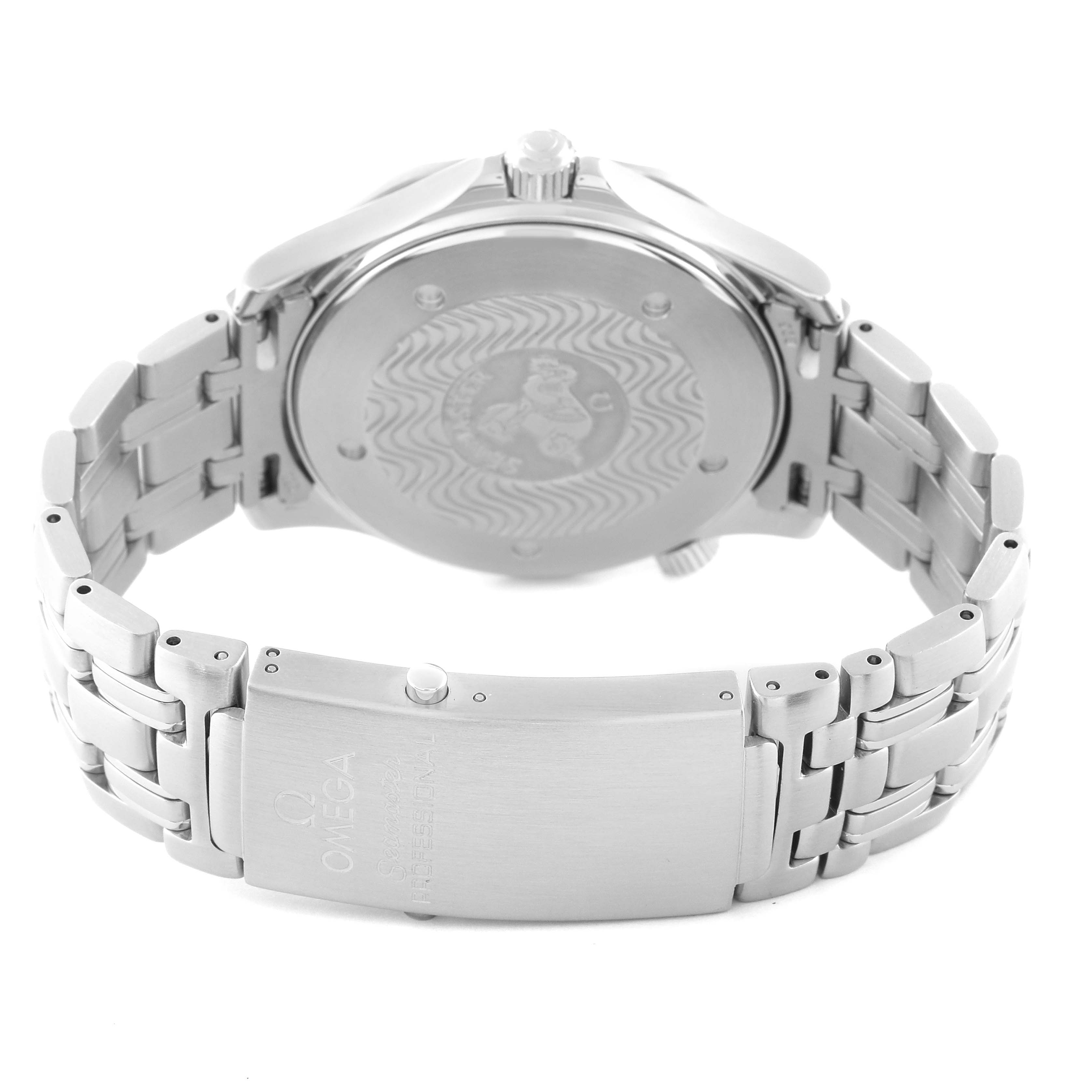 The image shows the back case and stainless steel bracelet of an Omega Seamaster 2541.80.00 Men's Stainless Steel Blue Dial 2541.80.00 Men's Stainless Steel Blue Dial watch.