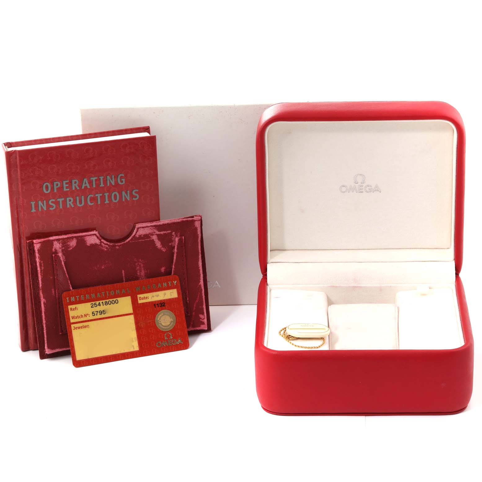 This image shows the Omega Seamaster 2541.80.00 Men's Stainless Steel Blue Dial 2541.80.00 Men's Stainless Steel Blue Dial watch box, operating instructions, international warranty card, and red leather cardholder.