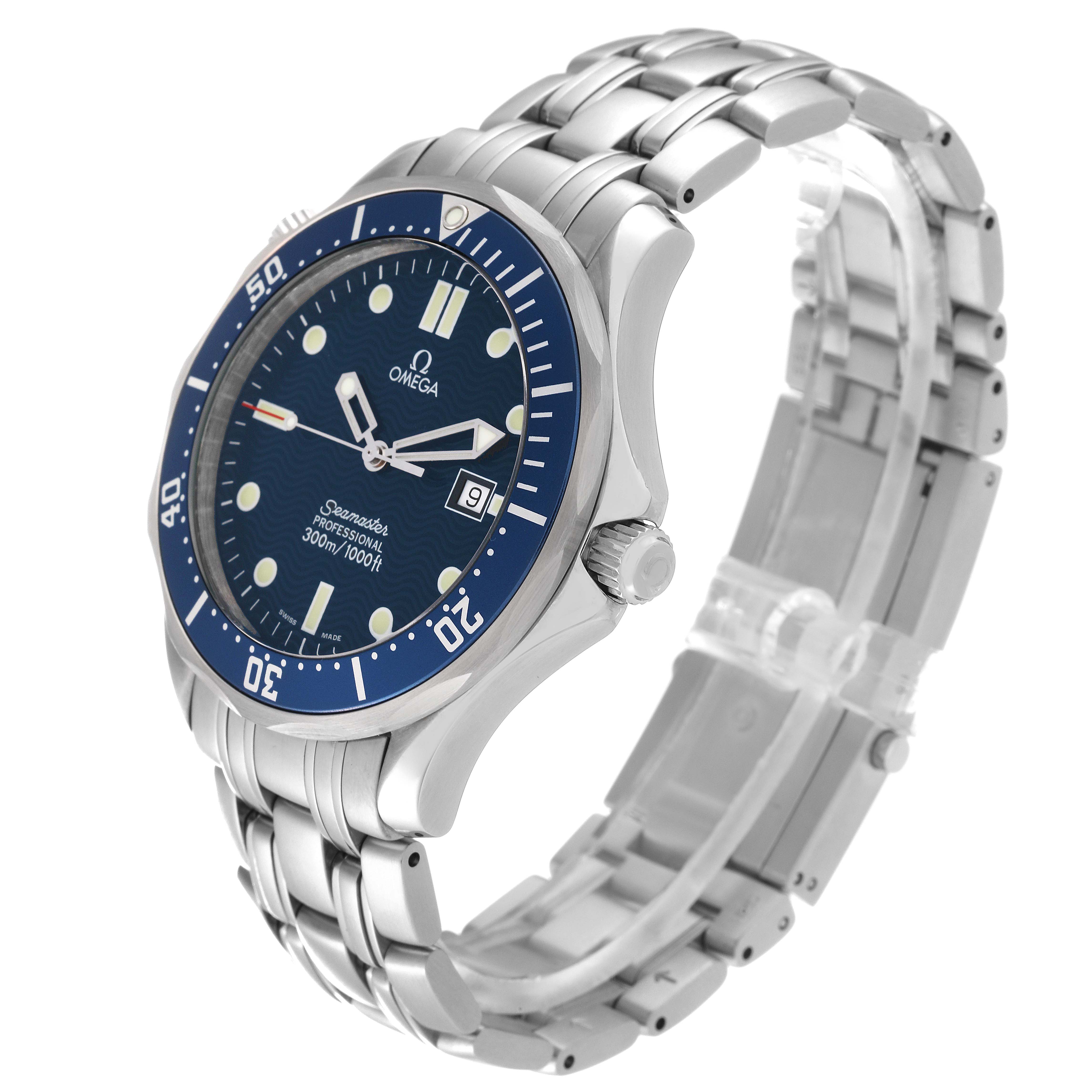 The image shows an angled side view of the Omega Seamaster 2541.80.00 Men's Stainless Steel Blue Dial 2541.80.00 Men's Stainless Steel Blue Dial watch, displaying the dial, case, crown, and stainless steel bracelet.